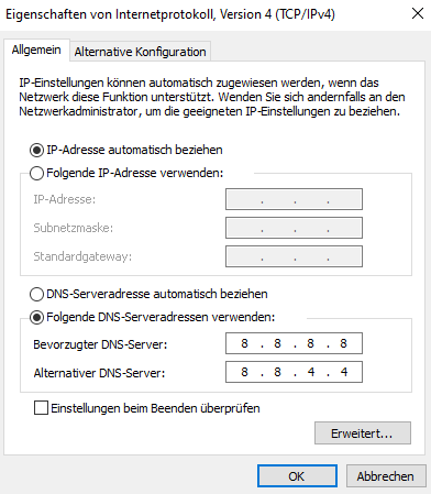 Eingabe der IP-Adresse und Subnetzmaske