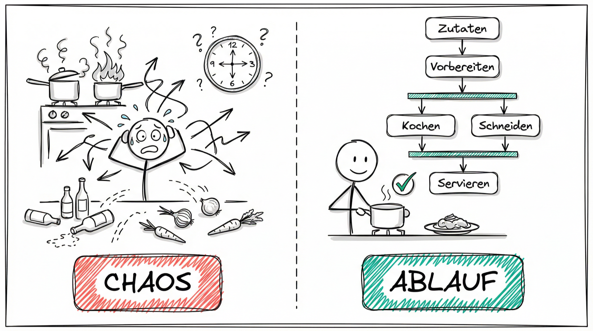 Chaos ohne Plan vs. klarer Ablauf mit Aktivitätsdiagramm