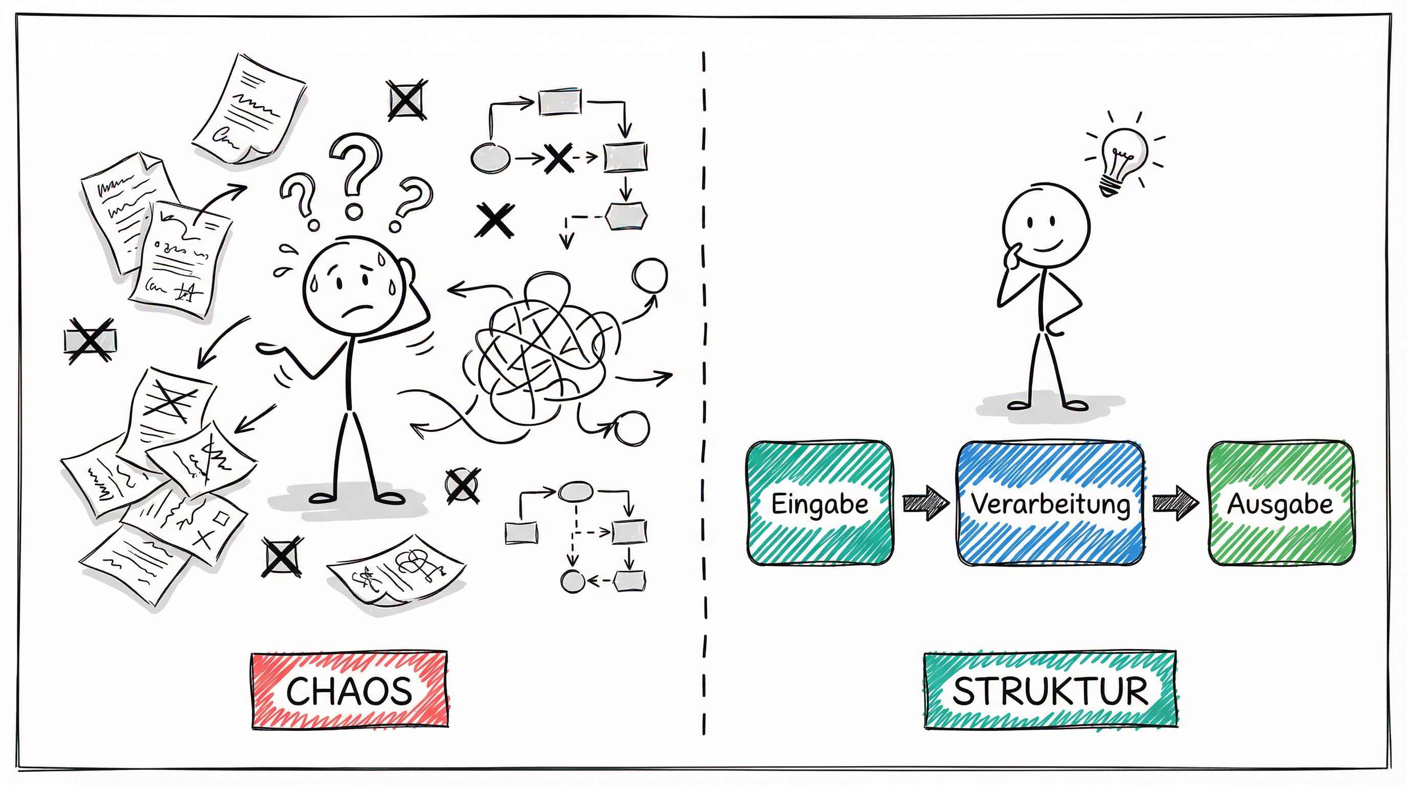 Chaos vs. Struktur: Ohne Problemanalyse herrscht Durcheinander, mit systematischer Spezifikation entsteht ein klarer Eingabe-Verarbeitung-Ausgabe-Fluss