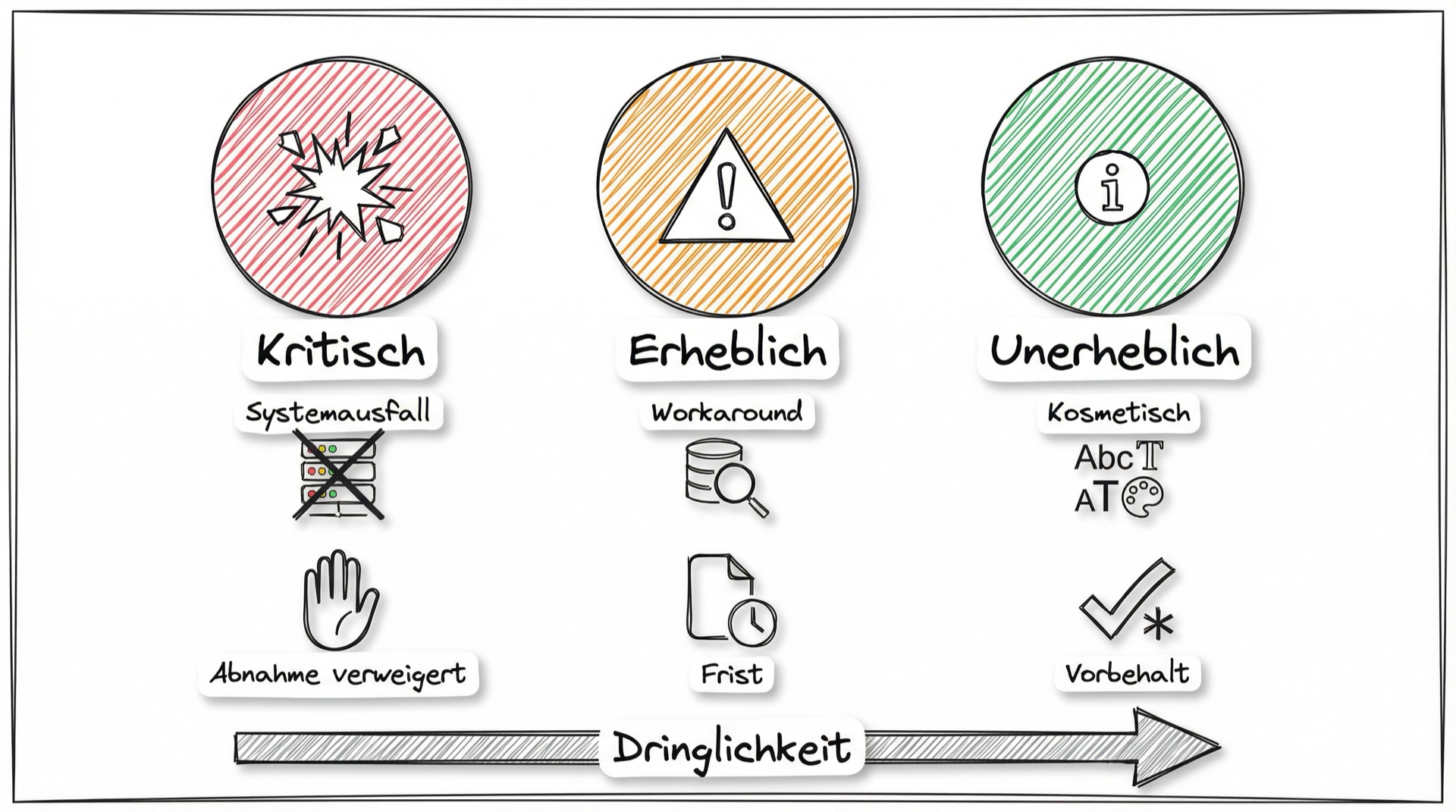 Mängelklassifikation im Ampelsystem: Kritisch (rot), Erheblich (orange), Unerheblich (grün)