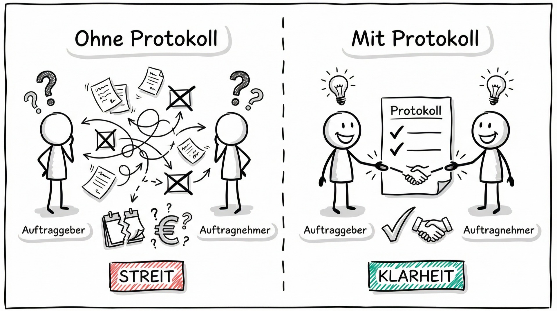 Vergleich: Ohne Abnahmeprotokoll herrscht Streit und Chaos zwischen Auftraggeber und Auftragnehmer - mit Protokoll herrscht Klarheit