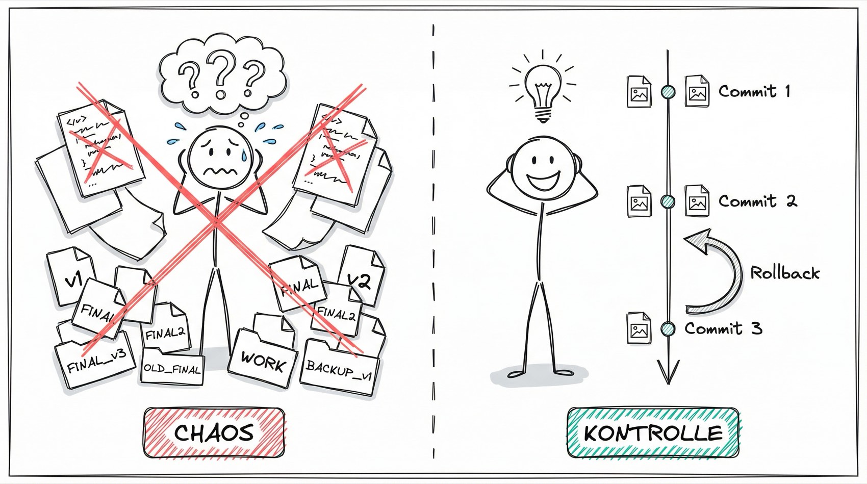 Chaos ohne Versionskontrolle vs. Kontrolle mit Git