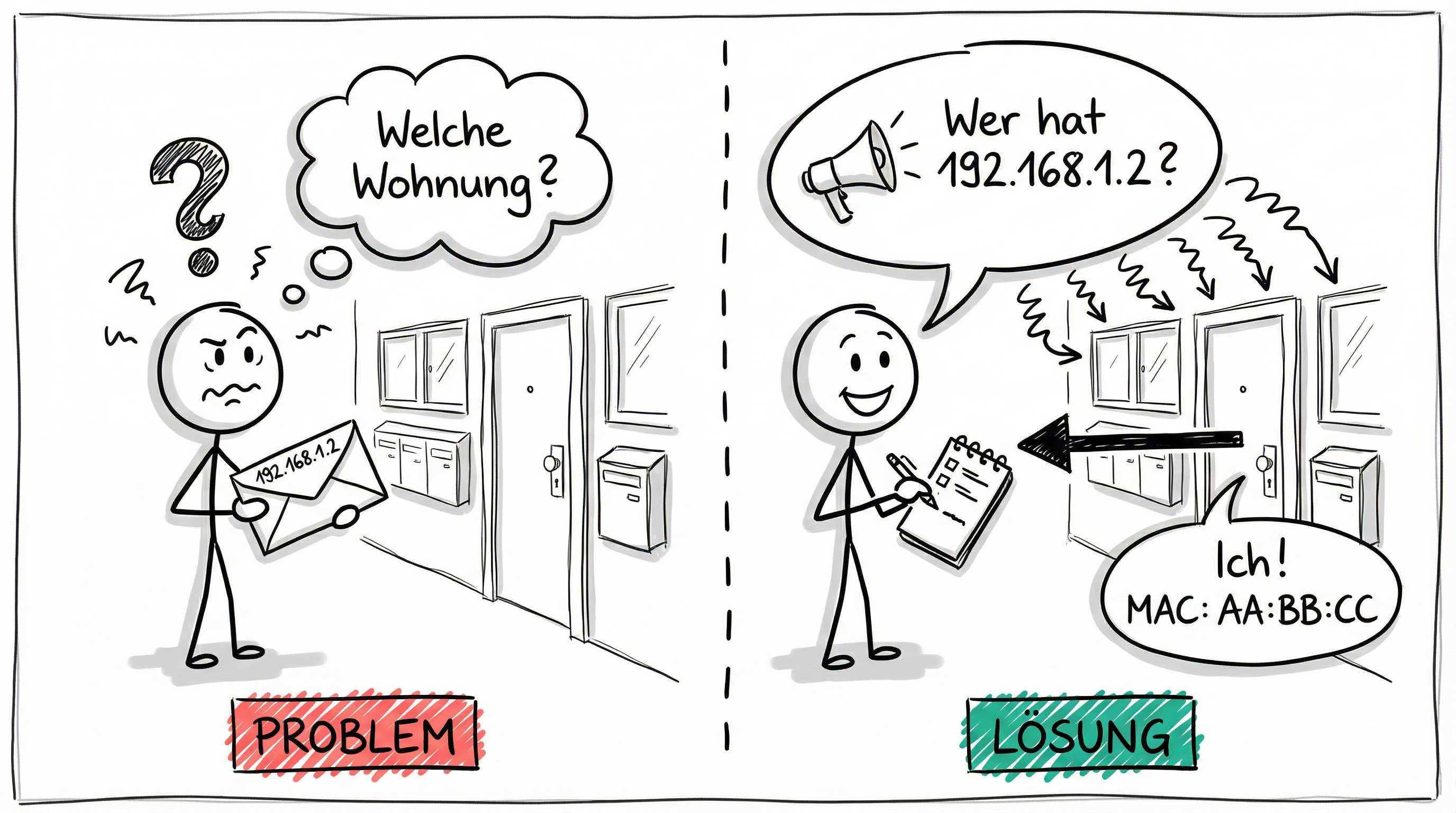 ARP-Funktionsweise: Problem ohne MAC-Adresse vs. Lösung mit ARP-Broadcast