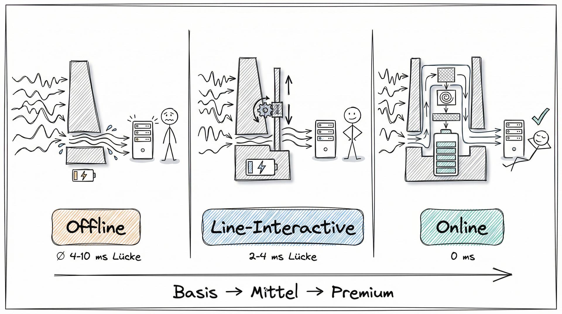 Die drei USV-Typen im Vergleich: Offline, Line-Interactive und Online mit aufsteigendem Schutzniveau