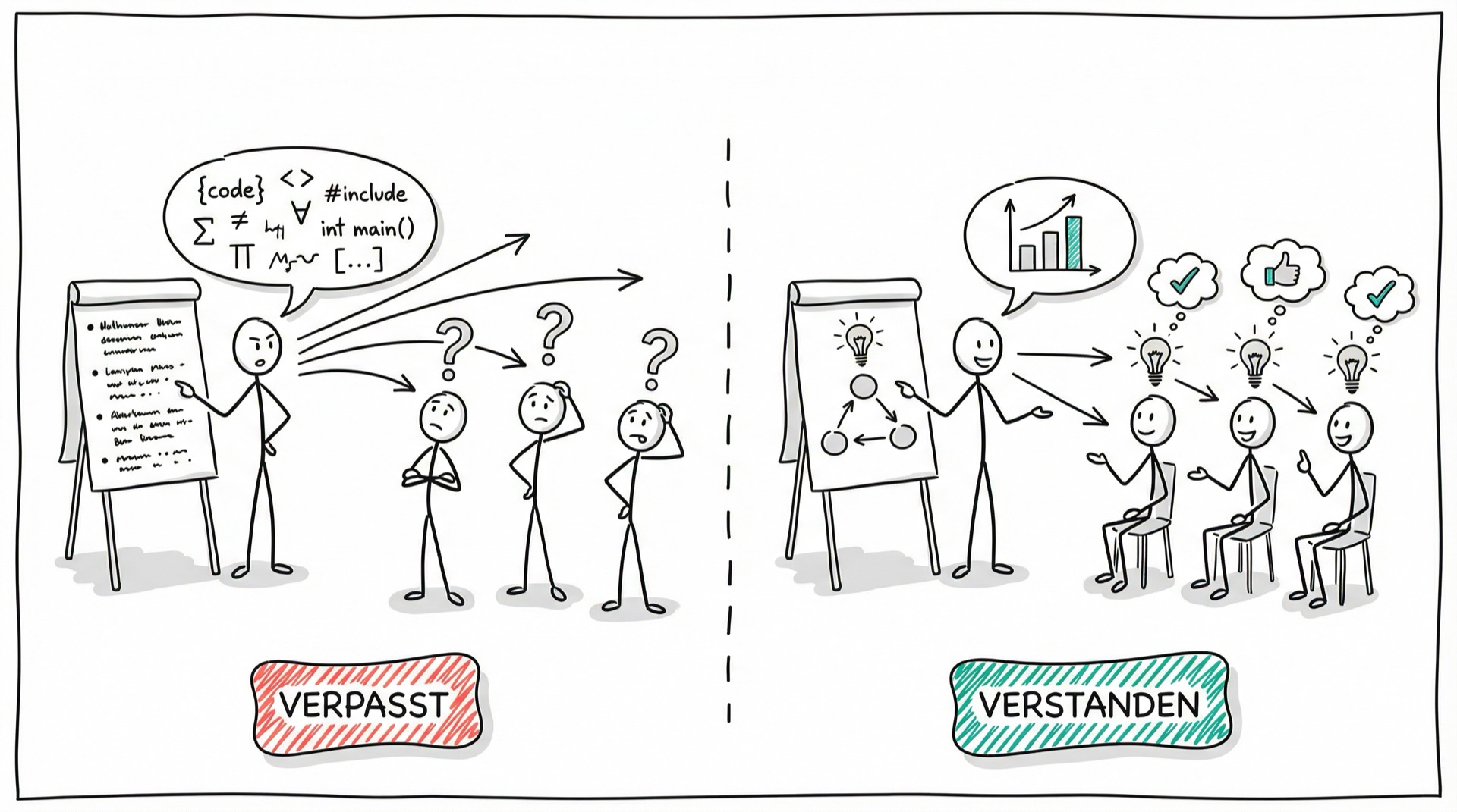 Vergleich einer Präsentation die das Publikum verpasst (links: Fragezeichen über den Köpfen) mit einer die ankommt (rechts: Glühbirnen über den Köpfen)