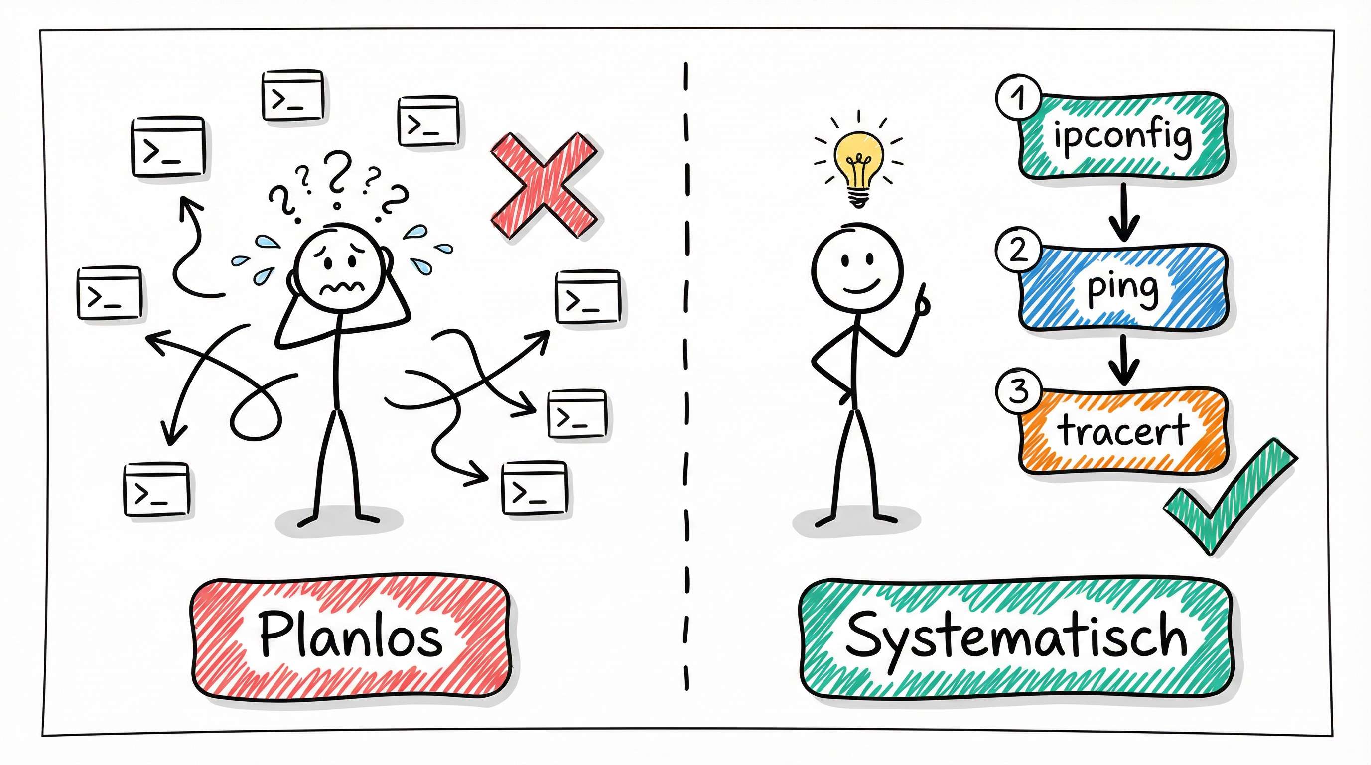 Planlos vs. Systematisch: Chaotische Fehlersuche im Vergleich zu strukturierter Diagnose mit ipconfig, ping und tracert