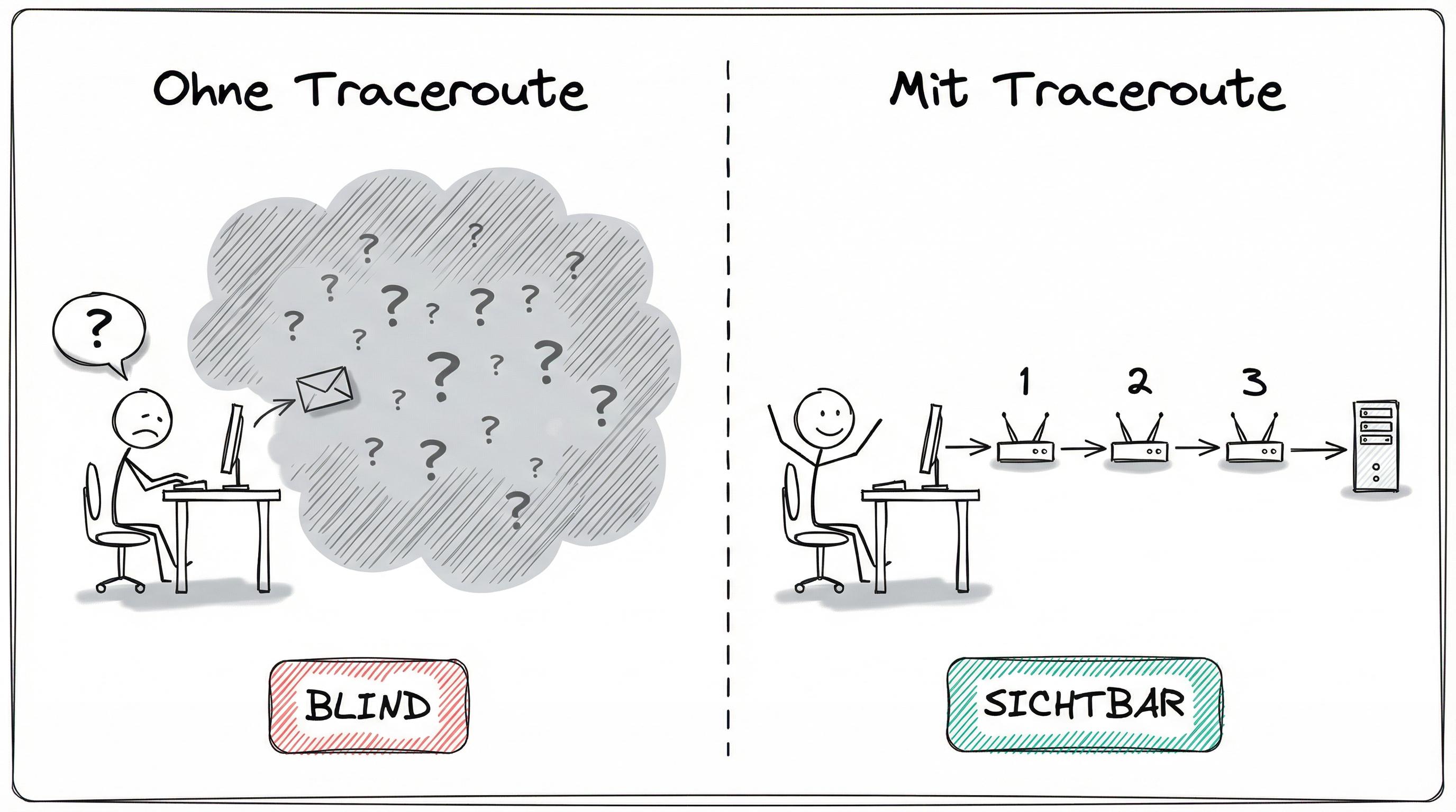 Ohne Traceroute: Datenpaket verloren im Nebel mit Fragezeichen. Mit Traceroute: Sichtbarer nummerierter Hop-Pfad zum Ziel.