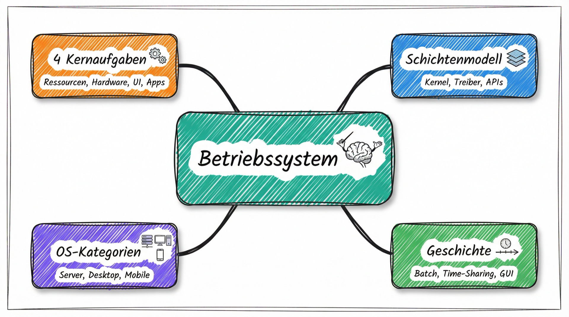 Mind-Map: Betriebssystem mit den Kernkonzepten Aufgaben, Schichtenmodell, Kategorien und Geschichte