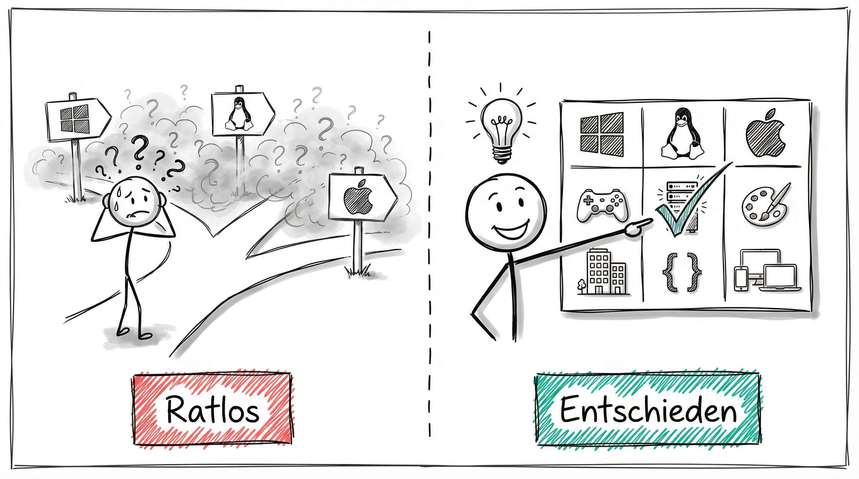 Vorher-Nachher-Vergleich: Ratlose Betriebssystem-Wahl vs. fundierte Entscheidung