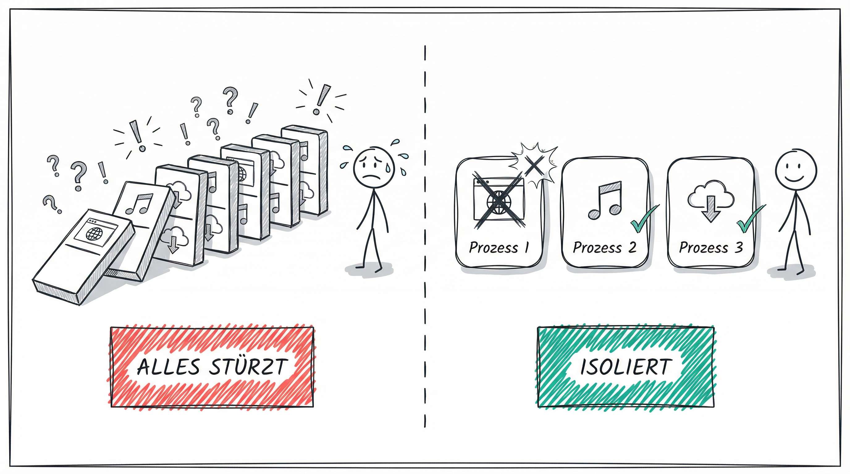 Domino-Effekt ohne Prozess-Isolation vs. isolierte Prozesse
