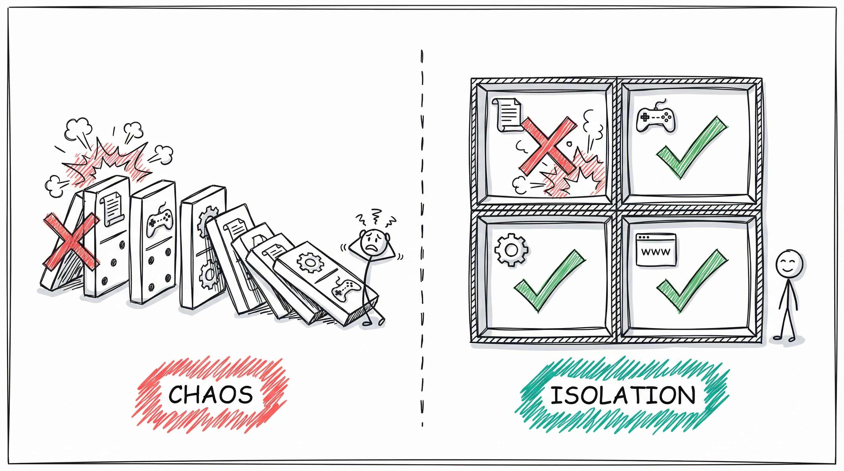 Chaos vs. Isolation: Links fallen alle Dominosteine um, rechts sind Prozesse in getrennten Räumen geschützt