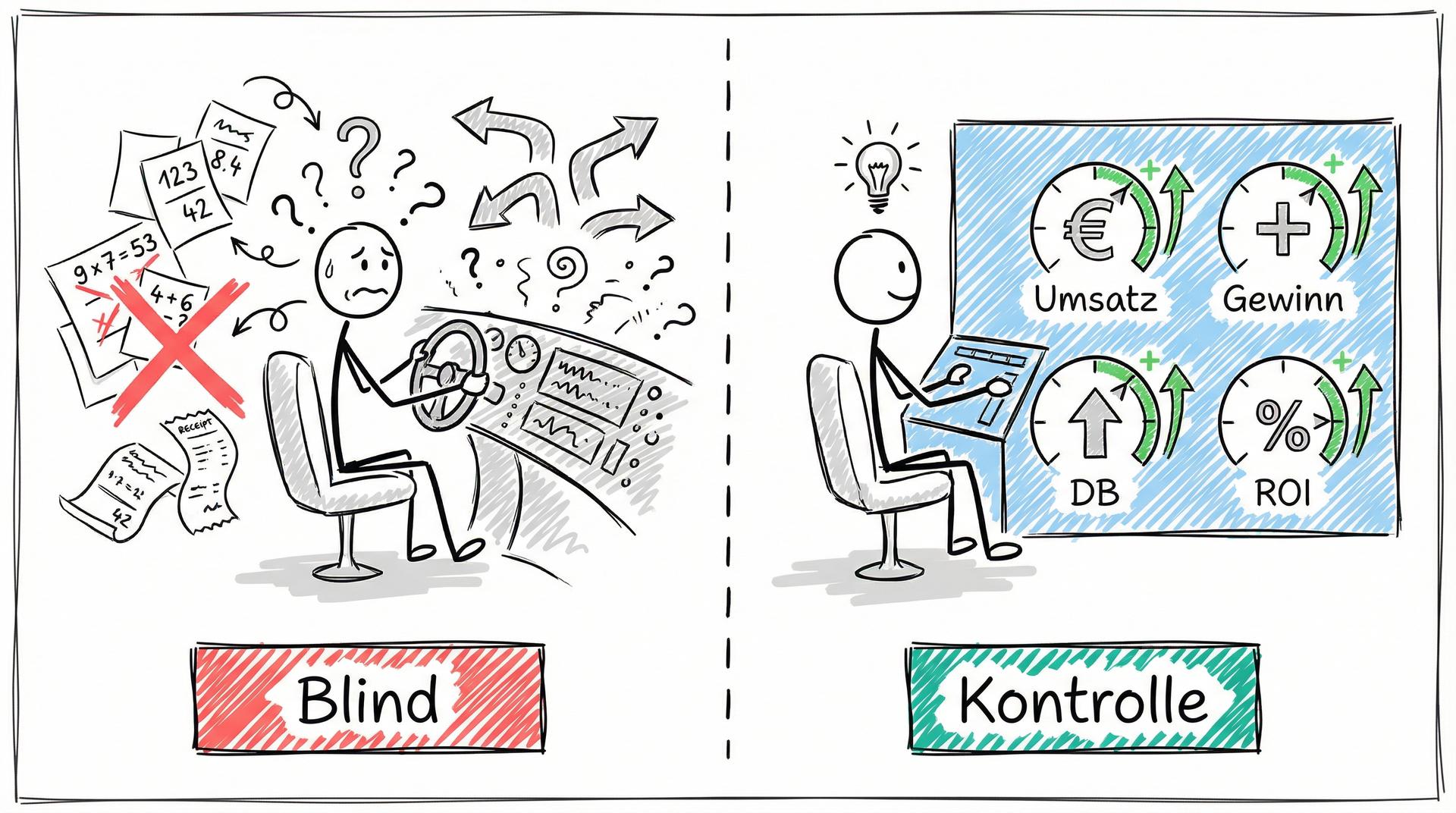 Blind vs. Kontrolle: Ohne Kennzahlen Chaos, mit Kennzahlen klares Dashboard
