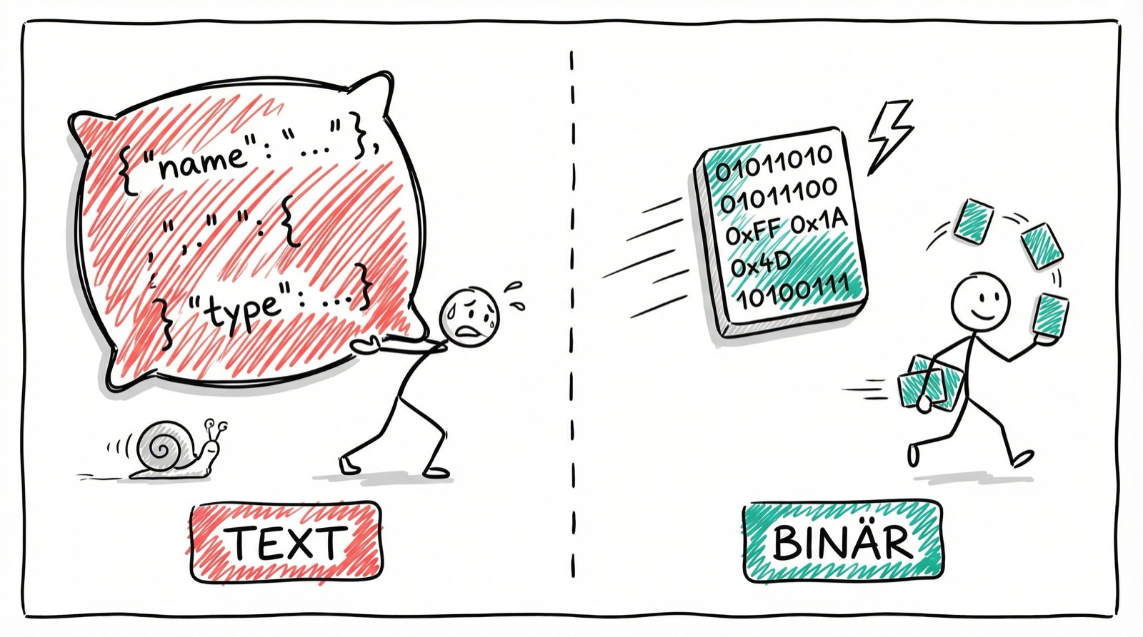 Vergleich Text vs. Binär: Textformate aufgebläht und langsam, binäre Formate kompakt und schnell