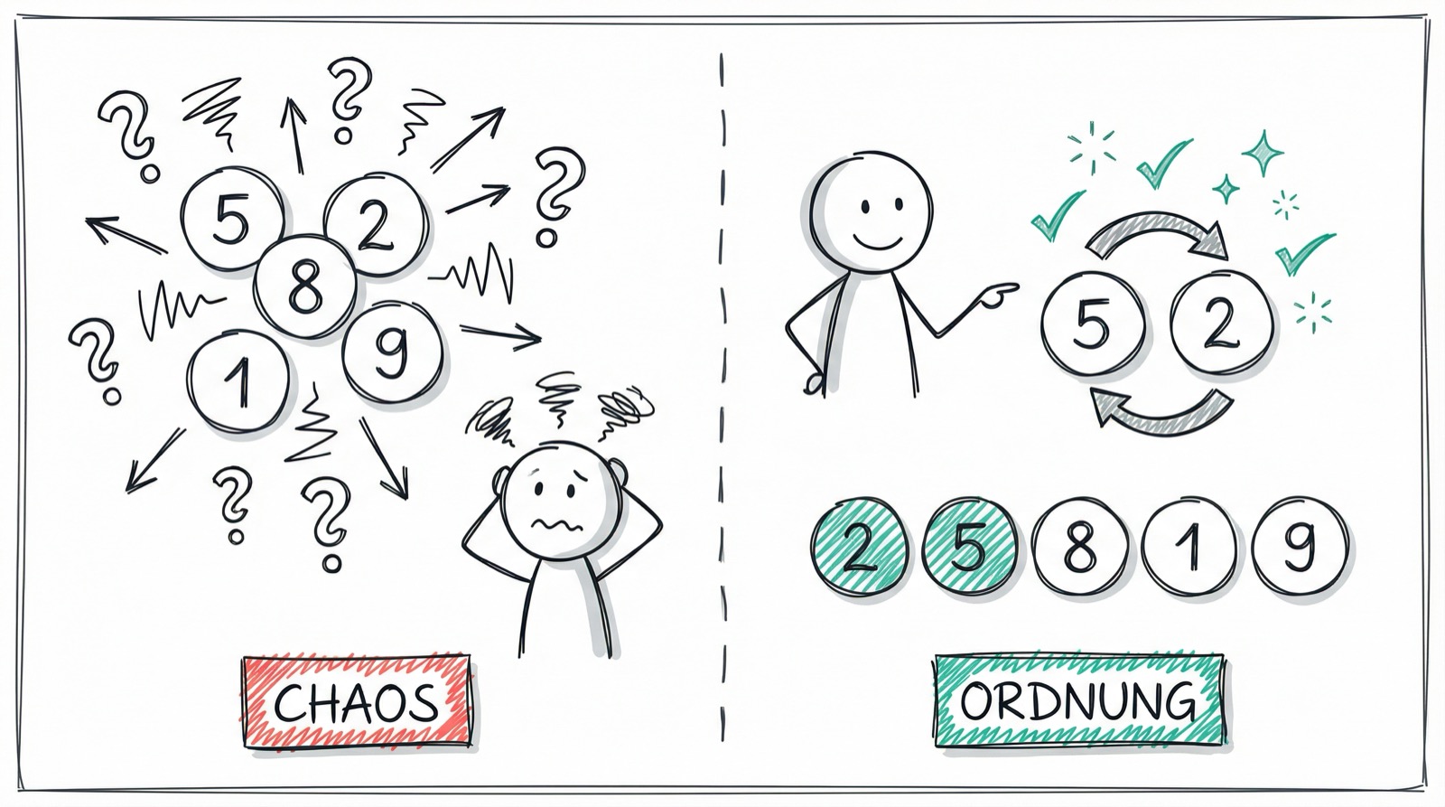 Chaos vs. Ordnung: Links unsortierte Zahlen mit Fragezeichen, rechts paarweises Vergleichen und Tauschen bei Bubble Sort
