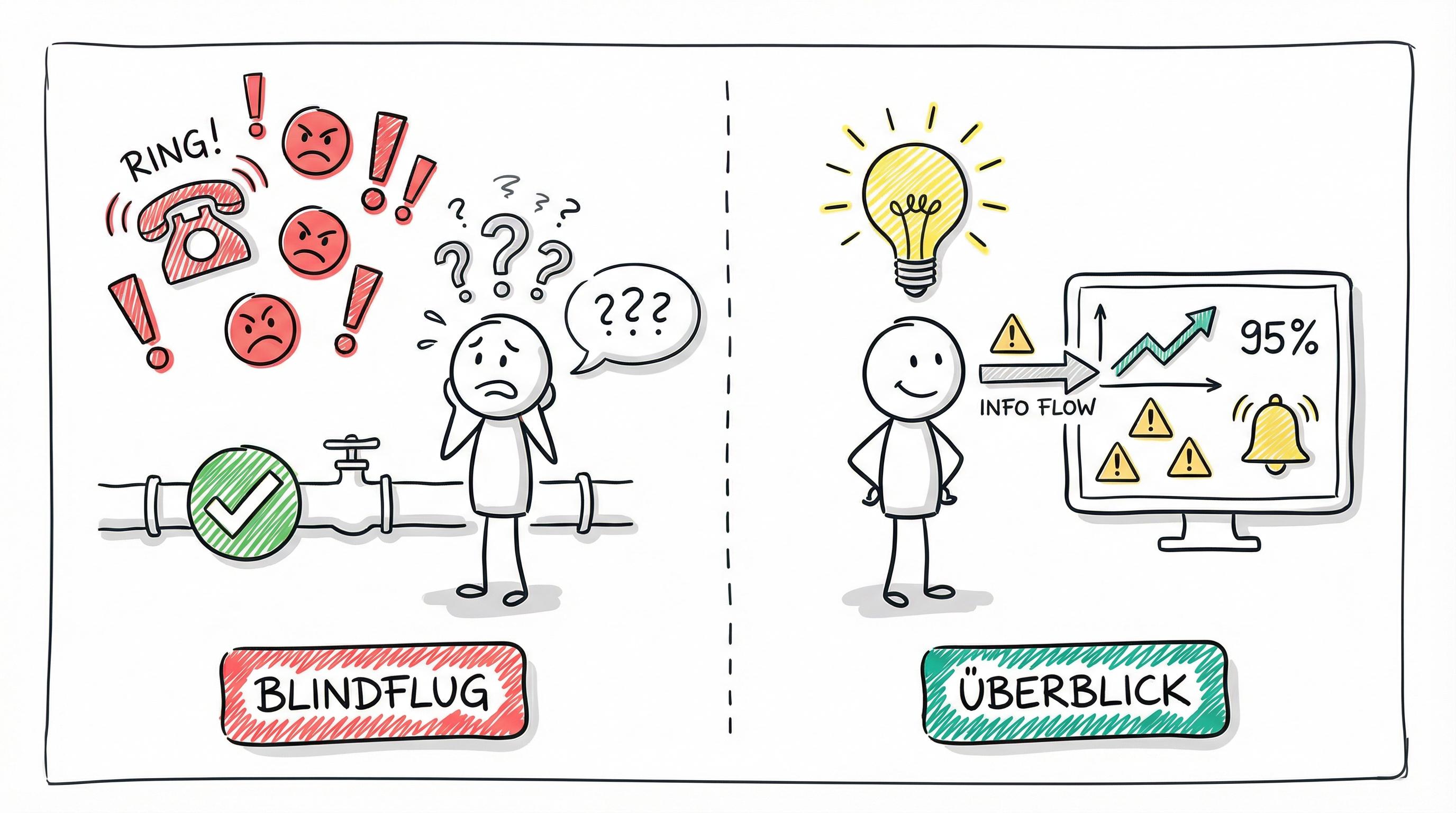 Blindflug ohne Monitoring vs. Überblick mit Monitoring-Dashboard