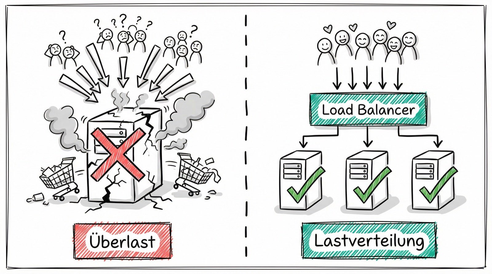 Überlast vs. skalierbare Cloud-Architektur mit Load Balancer