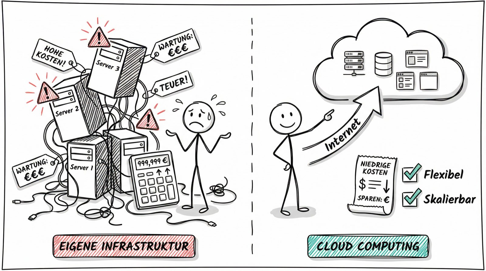 Cloud Computing Metapher: Links eigene Infrastruktur mit Chaos, rechts Cloud Computing mit Ordnung