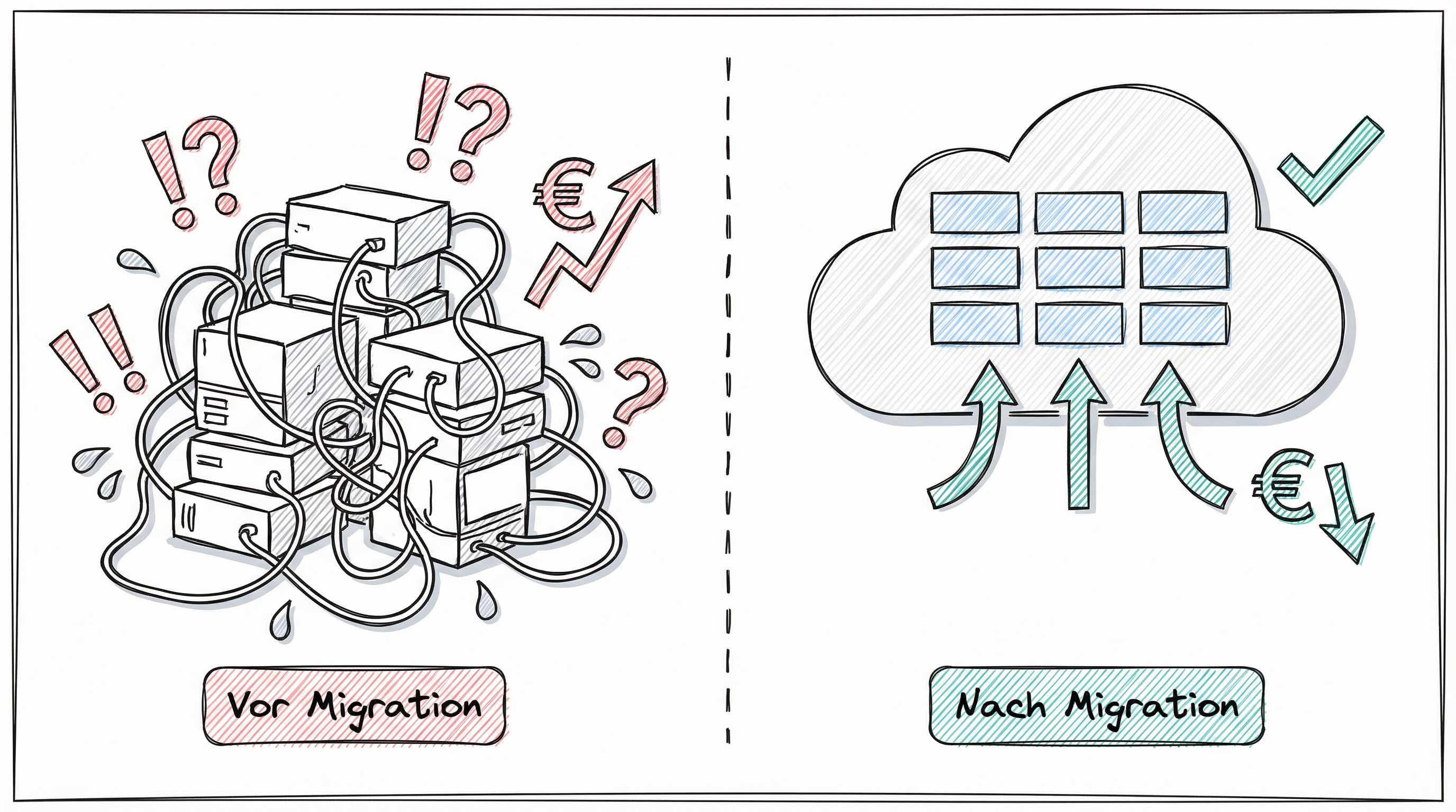 Vorher-Nachher-Vergleich: Chaotische On-Premises-Infrastruktur vs. strukturierte Cloud-Migration