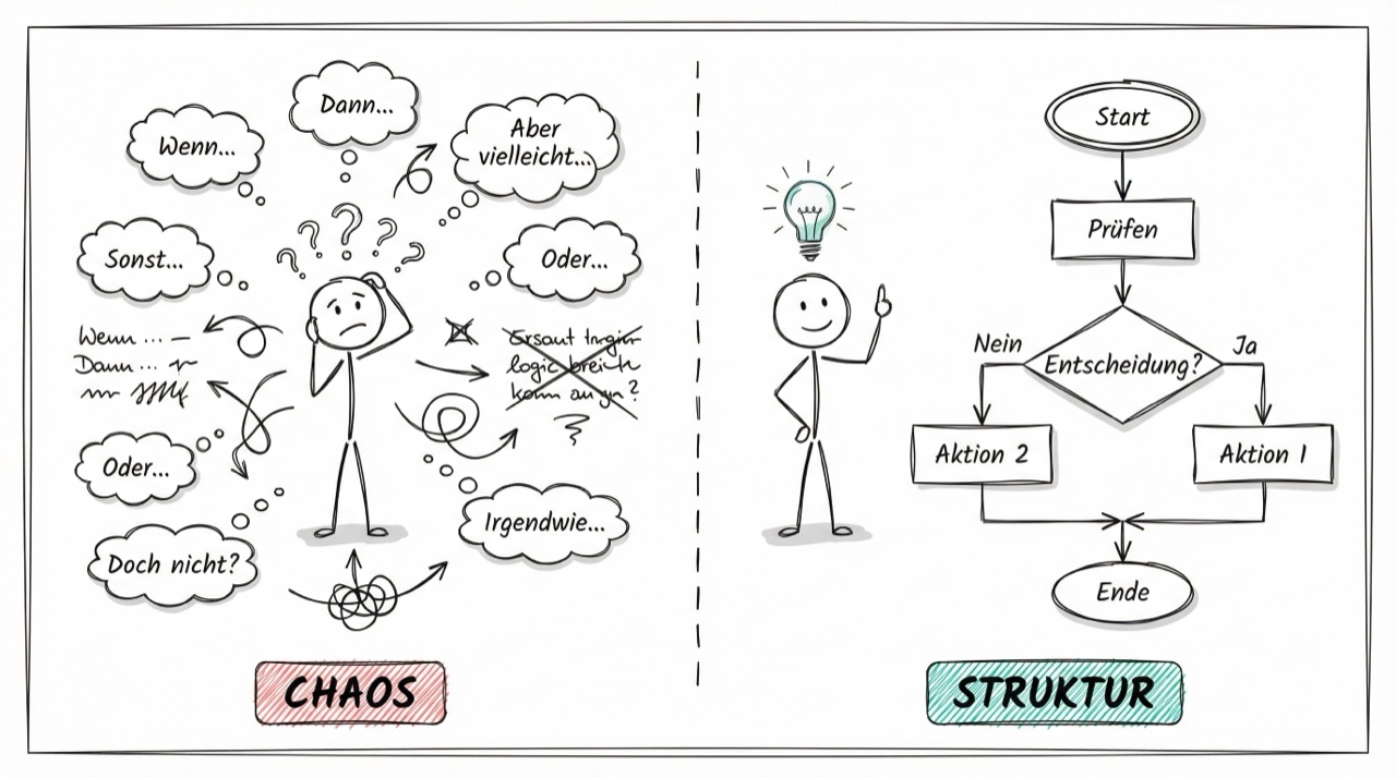 Chaos vs. Struktur: Von unstrukturierten Gedanken zum klaren Flussdiagramm