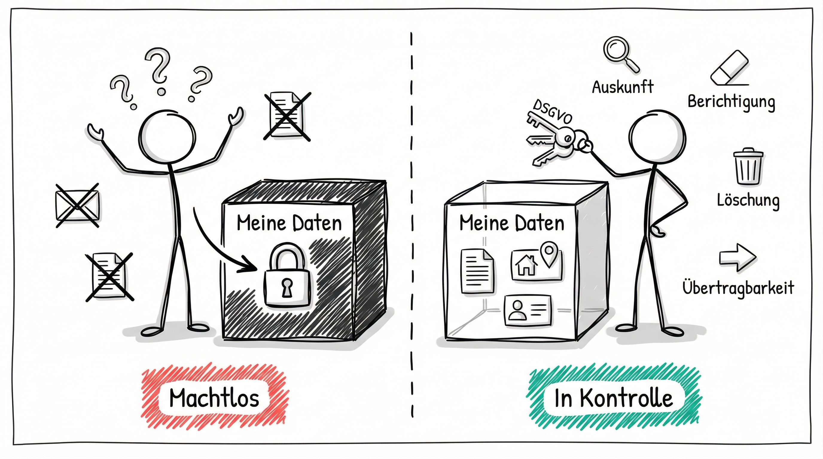 Machtlos ohne DSGVO-Rechte vs. In Kontrolle mit DSGVO-Rechten