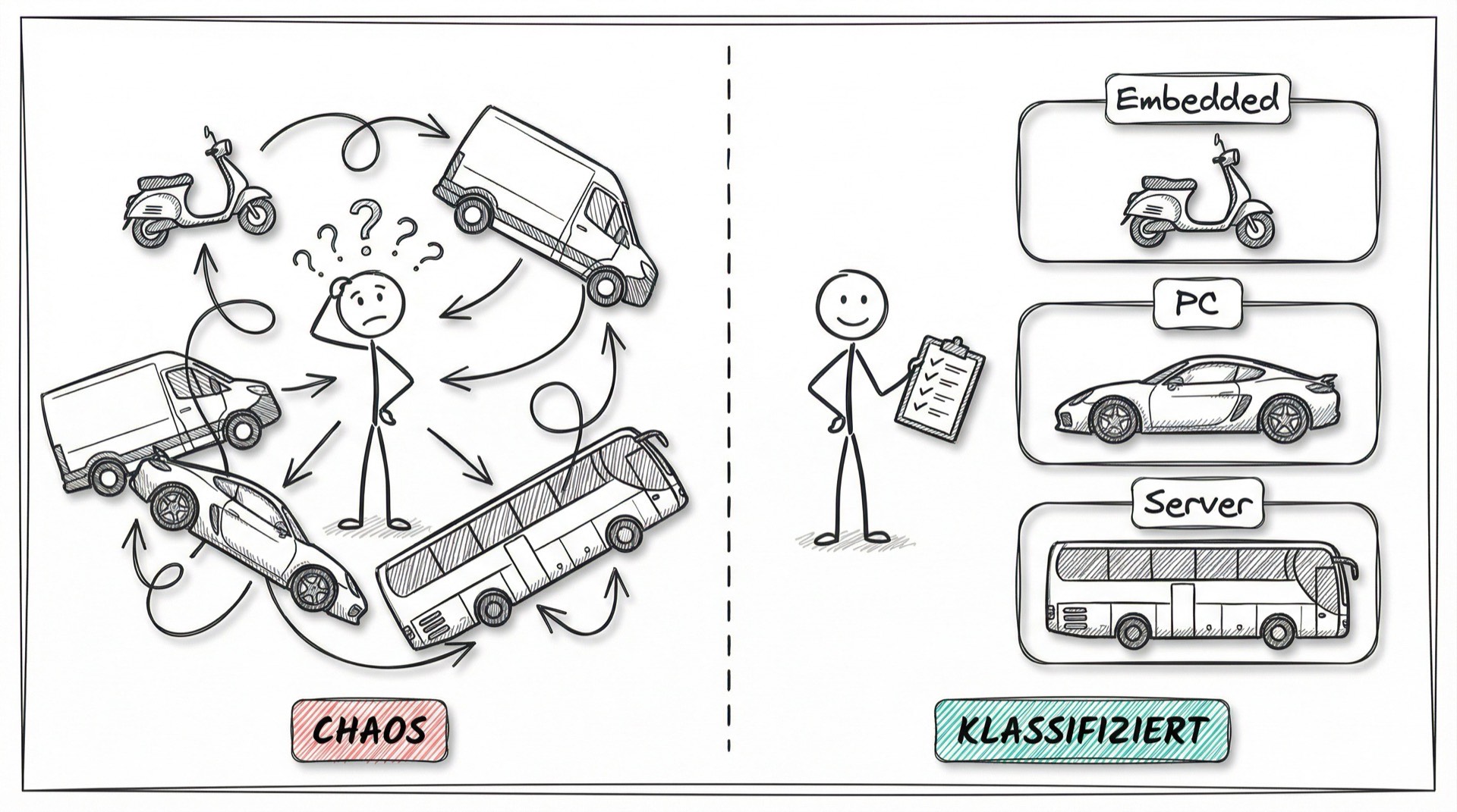 IT-Systeme Klassifikation Metapher: Links Chaos mit durcheinander gewürfelten Fahrzeugen, rechts sortierte Parkzonen nach Kategorien