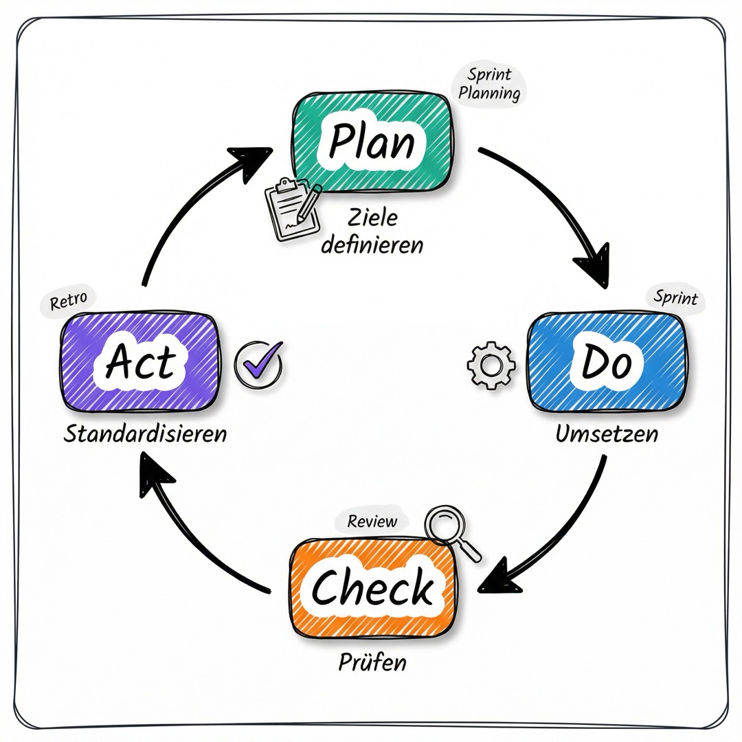 PDCA-Zyklus Mind-Map: Die vier Phasen Plan, Do, Check, Act im kontinuierlichen Kreislauf mit Scrum-Zuordnung