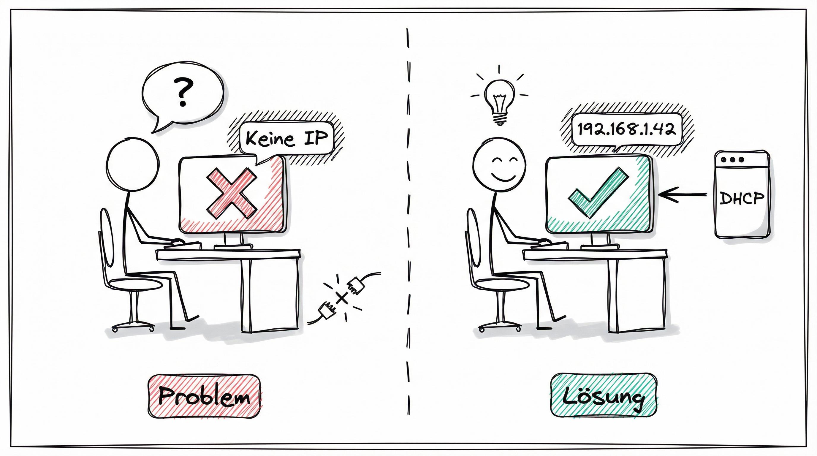 DHCP-Troubleshooting: Problem ohne IP-Adresse vs. Lösung mit funktionierendem DHCP-Server