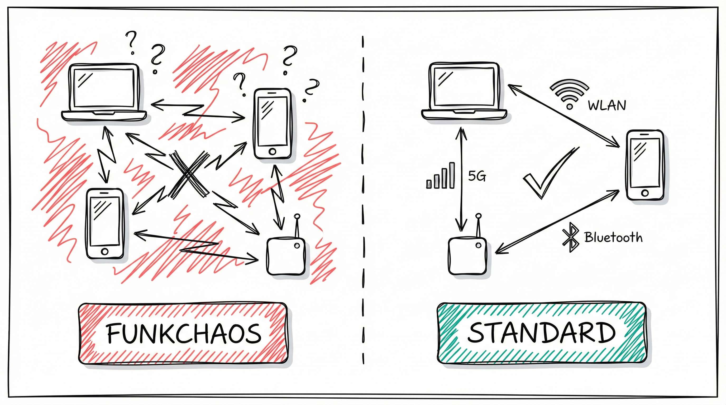 Funkchaos vs. Standard: Links chaotische Verbindungen zwischen Geräten, rechts geordnete Kommunikation mit WLAN, Bluetooth und 5G