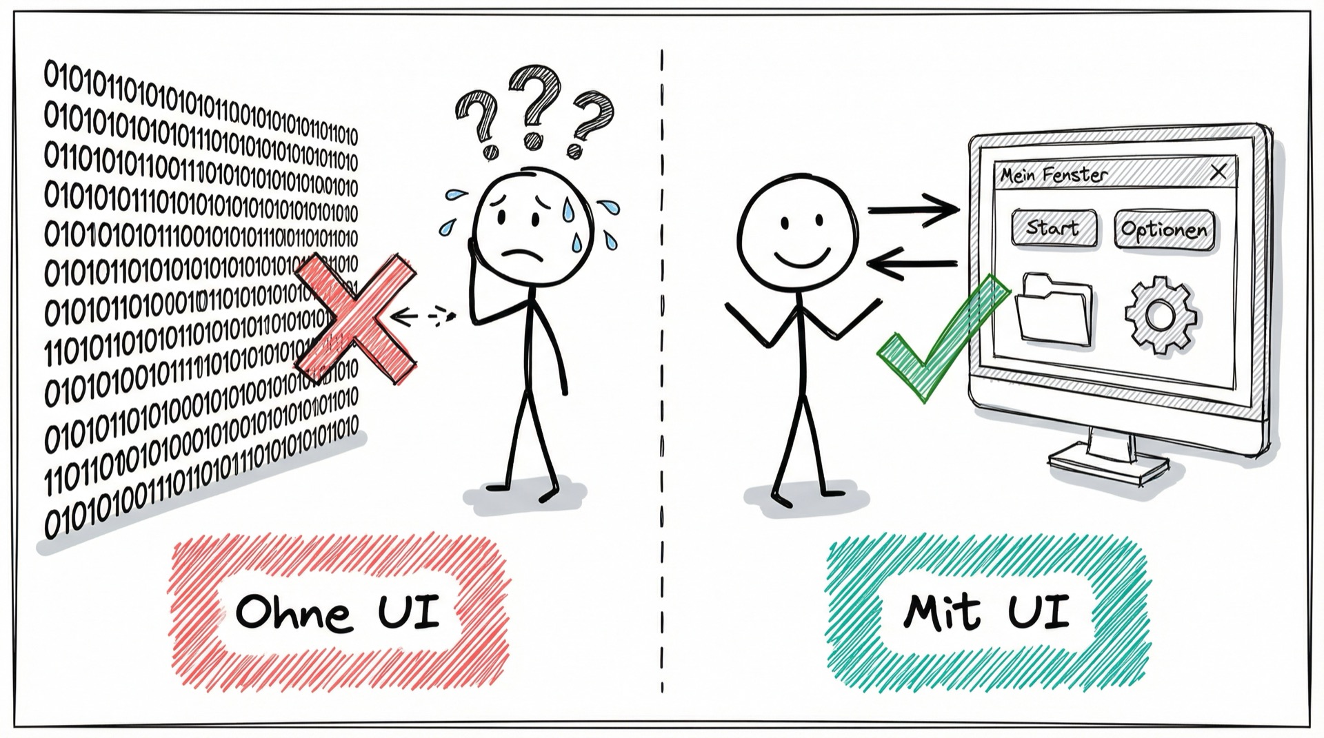 Ohne UI: Verwirrte Person vor Binärcode. Mit UI: Intuitive Interaktion mit Benutzeroberfläche