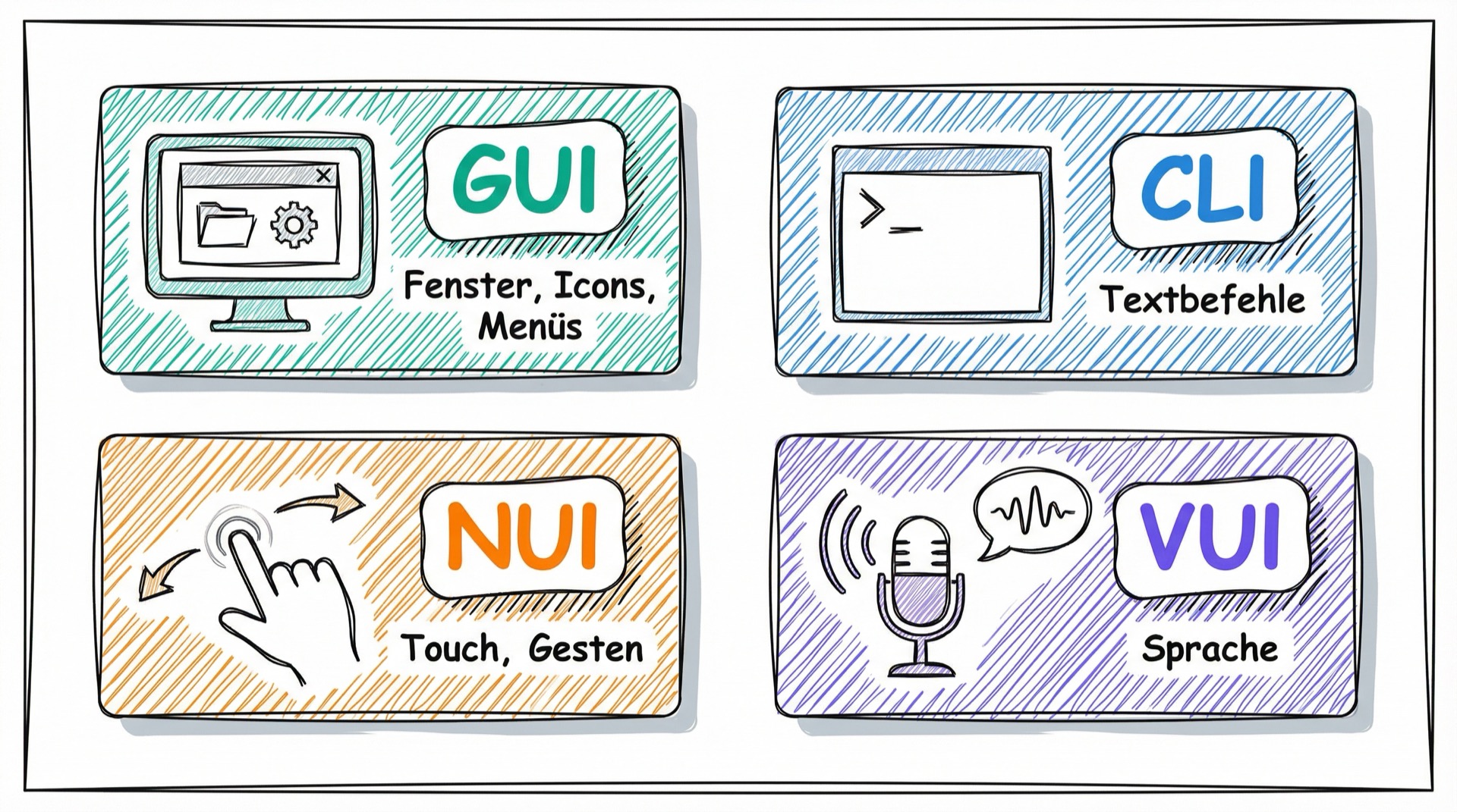 Die 4 UI-Typen: GUI mit Fenster und Icons, CLI mit Terminal, NUI mit Touch-Gesten, VUI mit Mikrofon