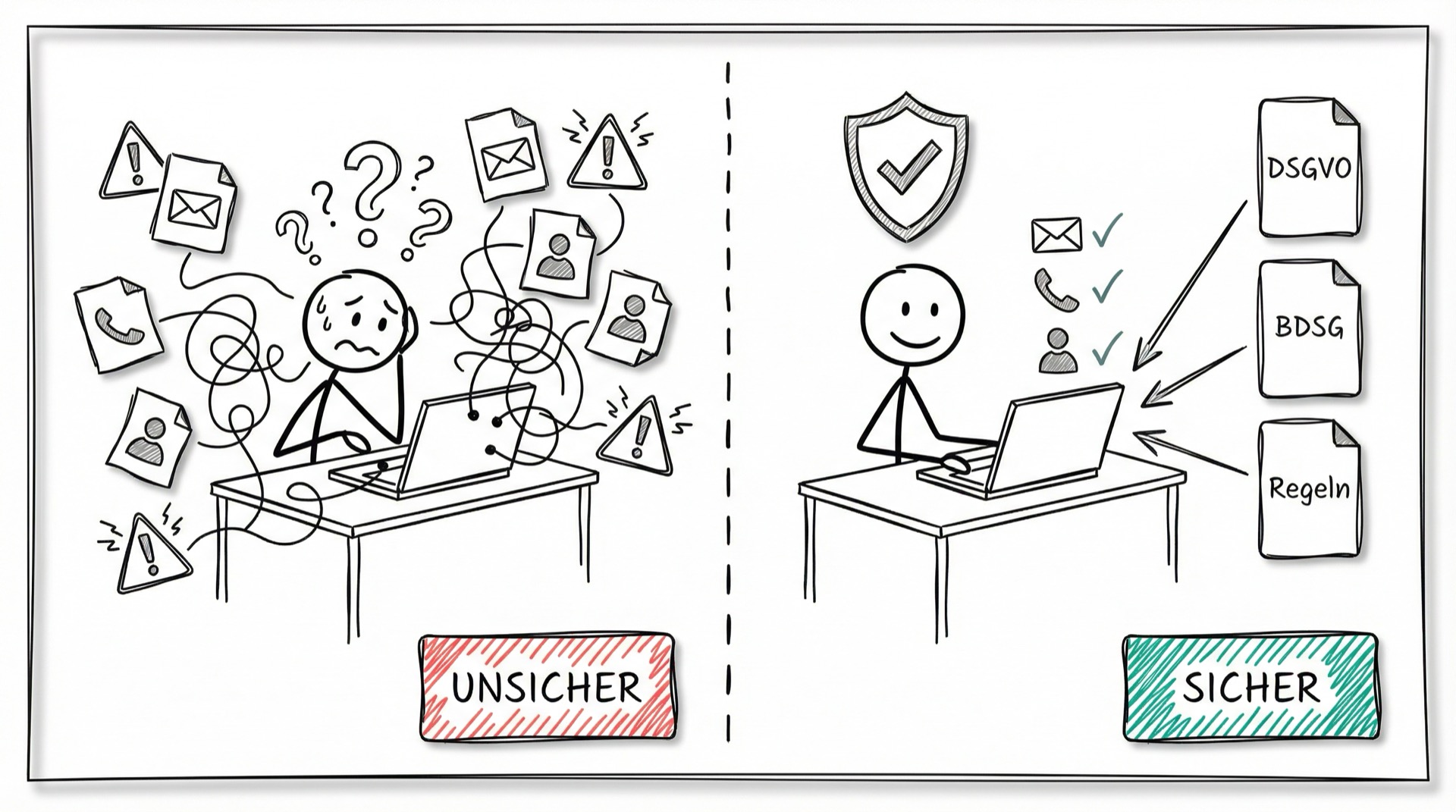 Vorher-Nachher-Vergleich: Unsicherheit ohne Datenschutzwissen vs. Klarheit mit rechtlichem Rahmen