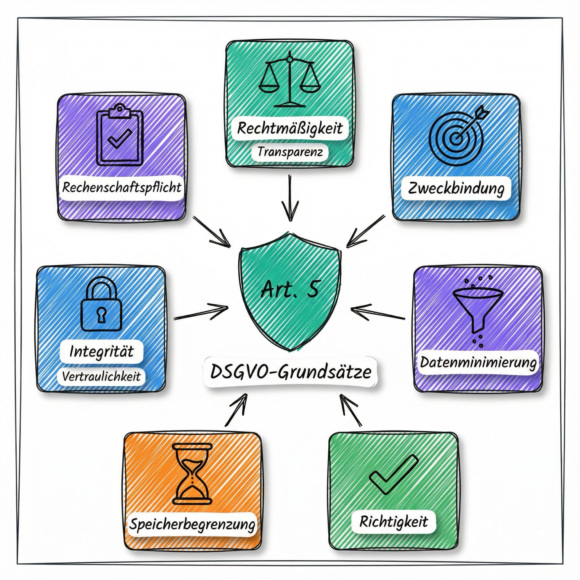 Die 7 DSGVO-Grundsätze: Rechtmäßigkeit, Zweckbindung, Datenminimierung, Richtigkeit, Speicherbegrenzung, Integrität und Vertraulichkeit, Rechenschaftspflicht