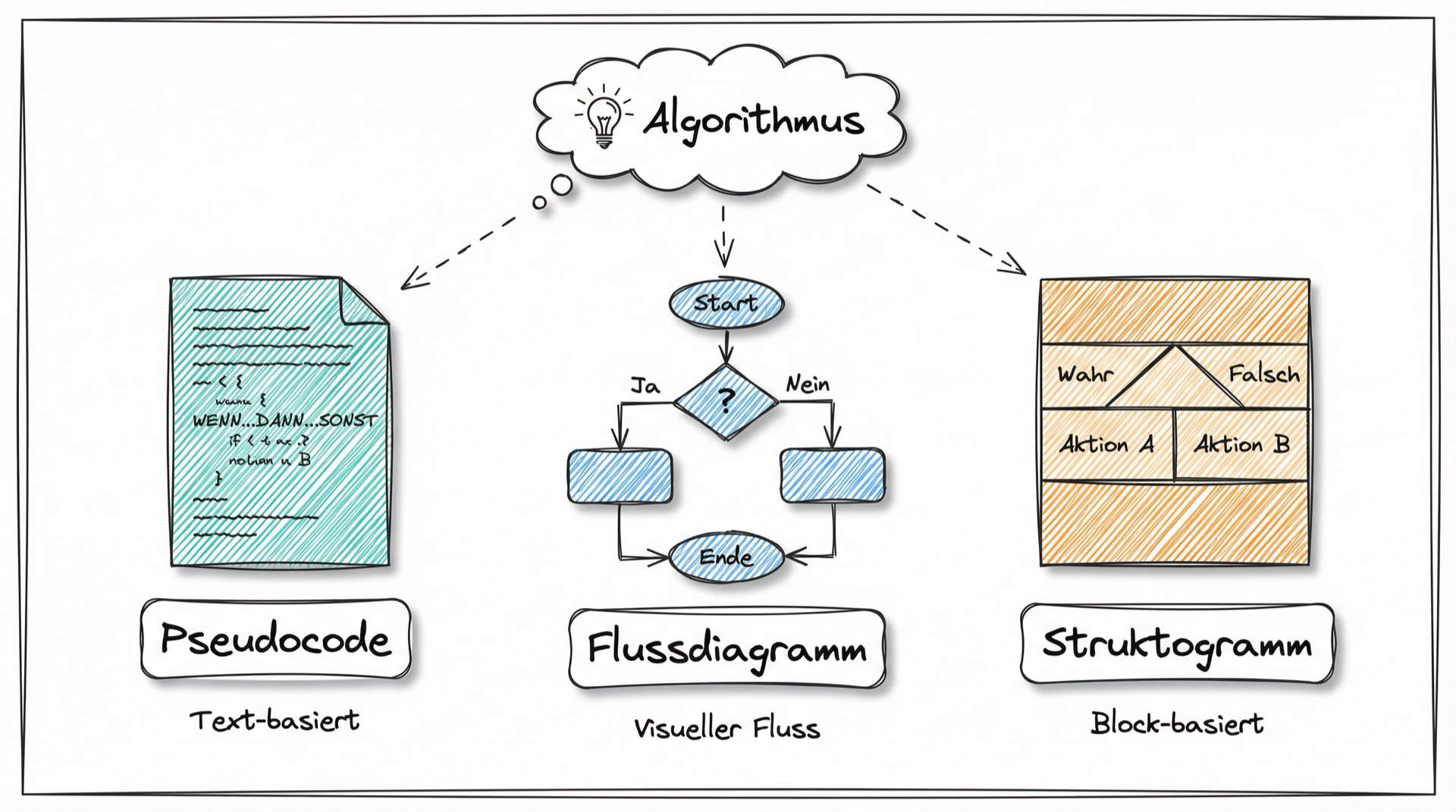 Drei Darstellungsformen für Algorithmen: Pseudocode, Flussdiagramm, Struktogramm