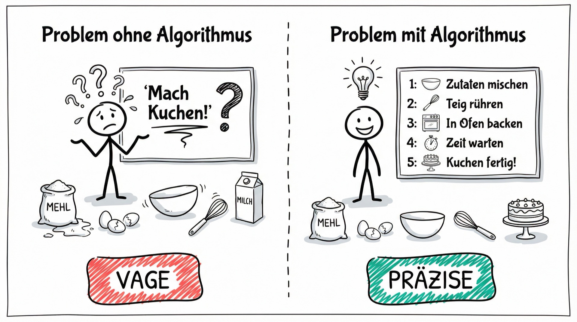 Vage Anweisung vs. präziser Algorithmus - Kuchenrezept-Metapher