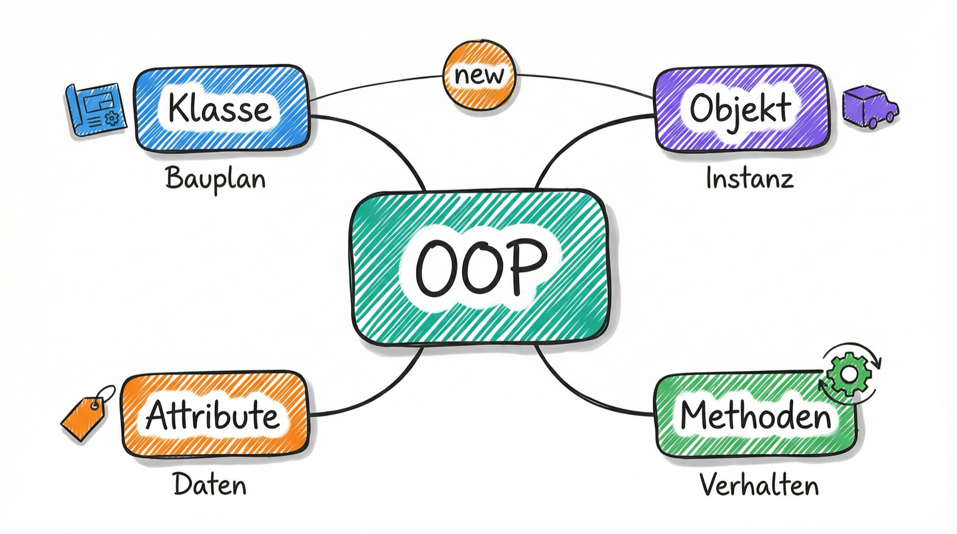 Mind-Map der OOP-Kernkonzepte