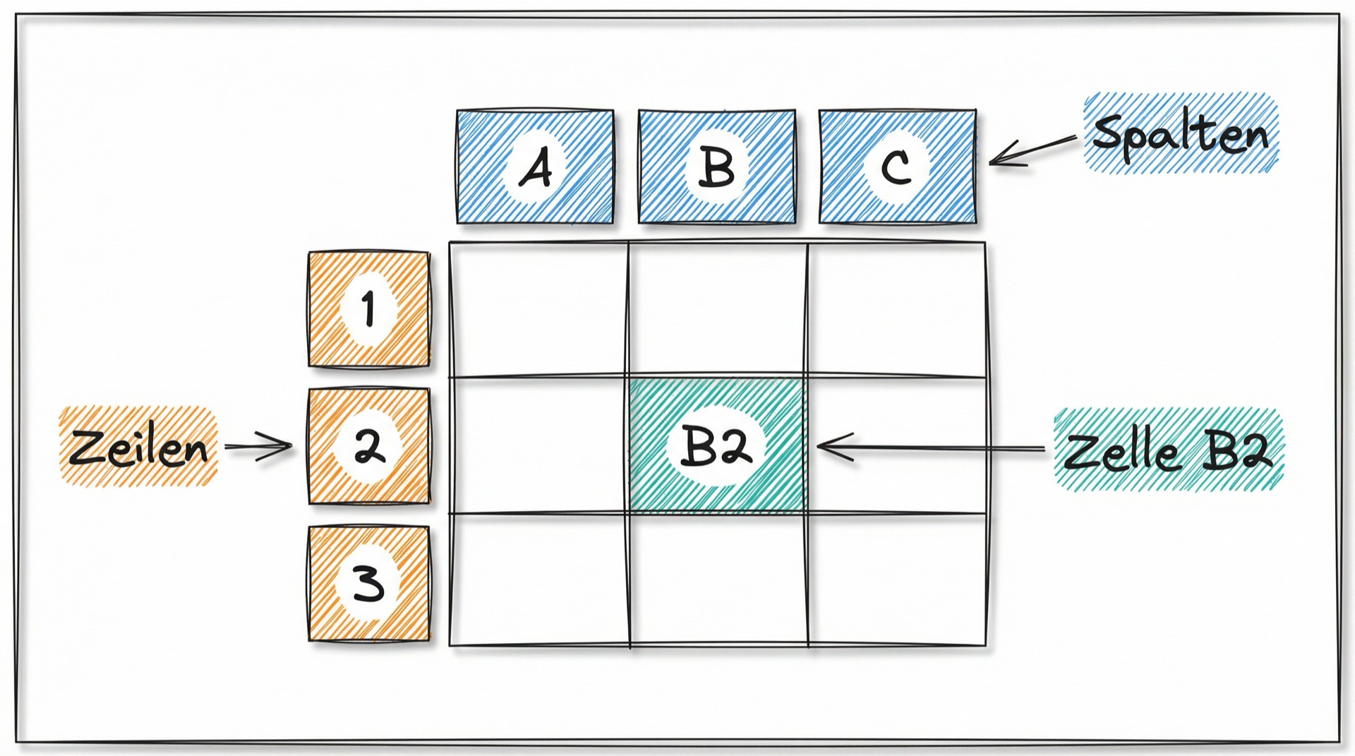 Aufbau einer Tabellenkalkulation: Spalten (A, B, C), Zeilen (1, 2, 3) und Zelle B2