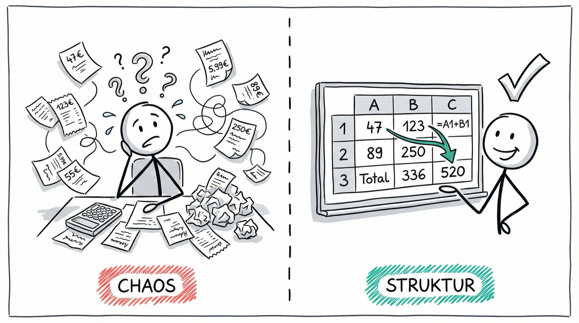Chaos vs. Struktur: Papierchaos ohne Tabellenkalkulation vs. strukturiertes Gitternetz
