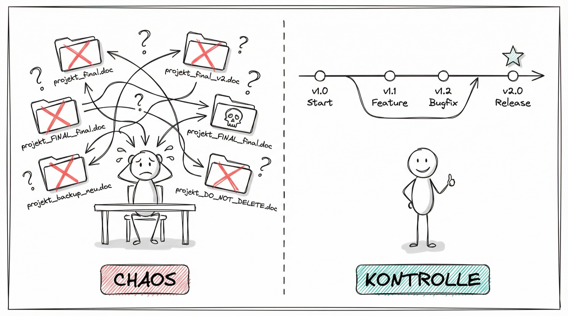 Chaos ohne Versionsverwaltung vs. Kontrolle mit Timeline