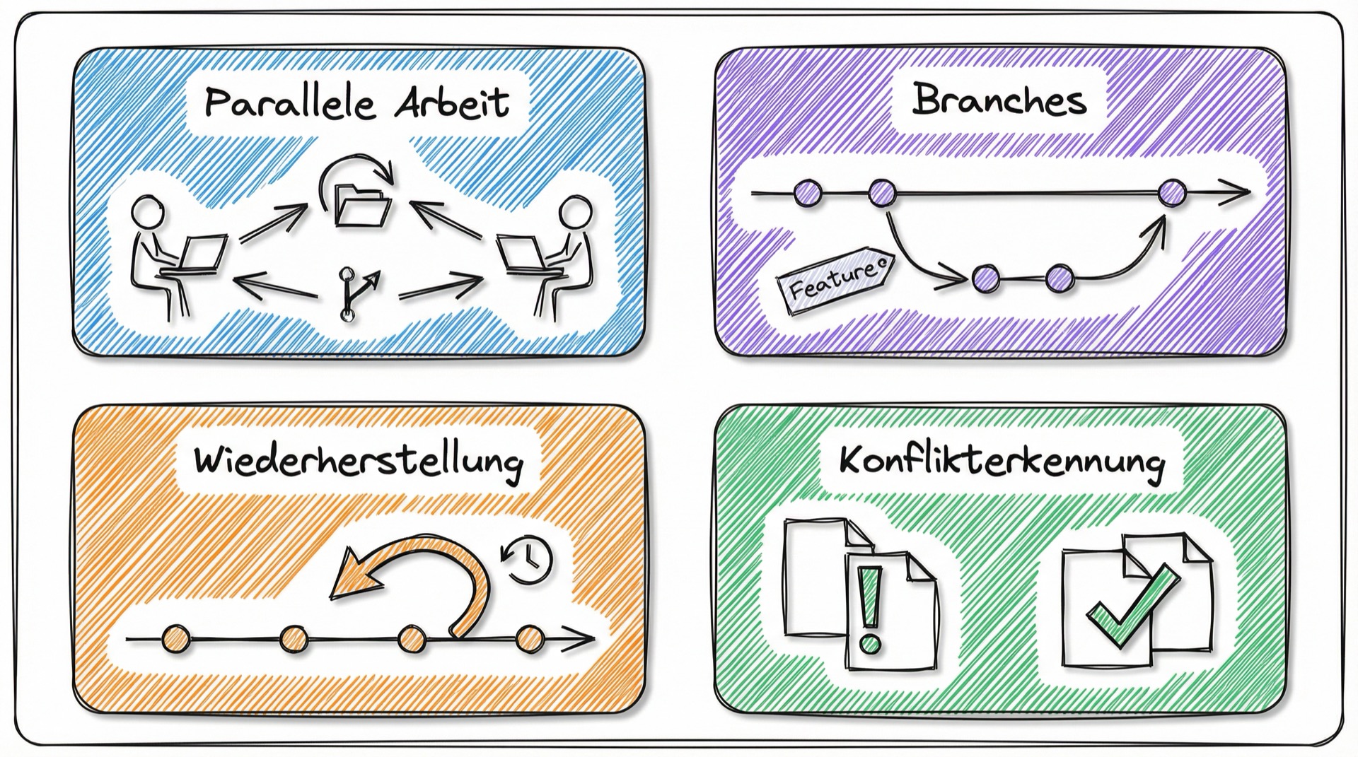 Vier Vorteile: Parallele Arbeit, Branches, Wiederherstellung, Konflikterkennung