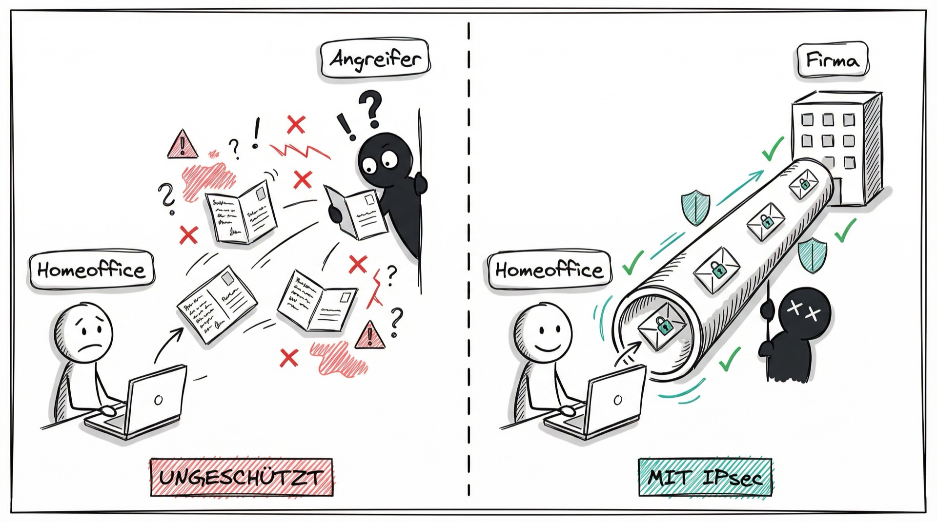 Vorher-Nachher: Ungeschützte vs. IPsec-geschützte Kommunikation