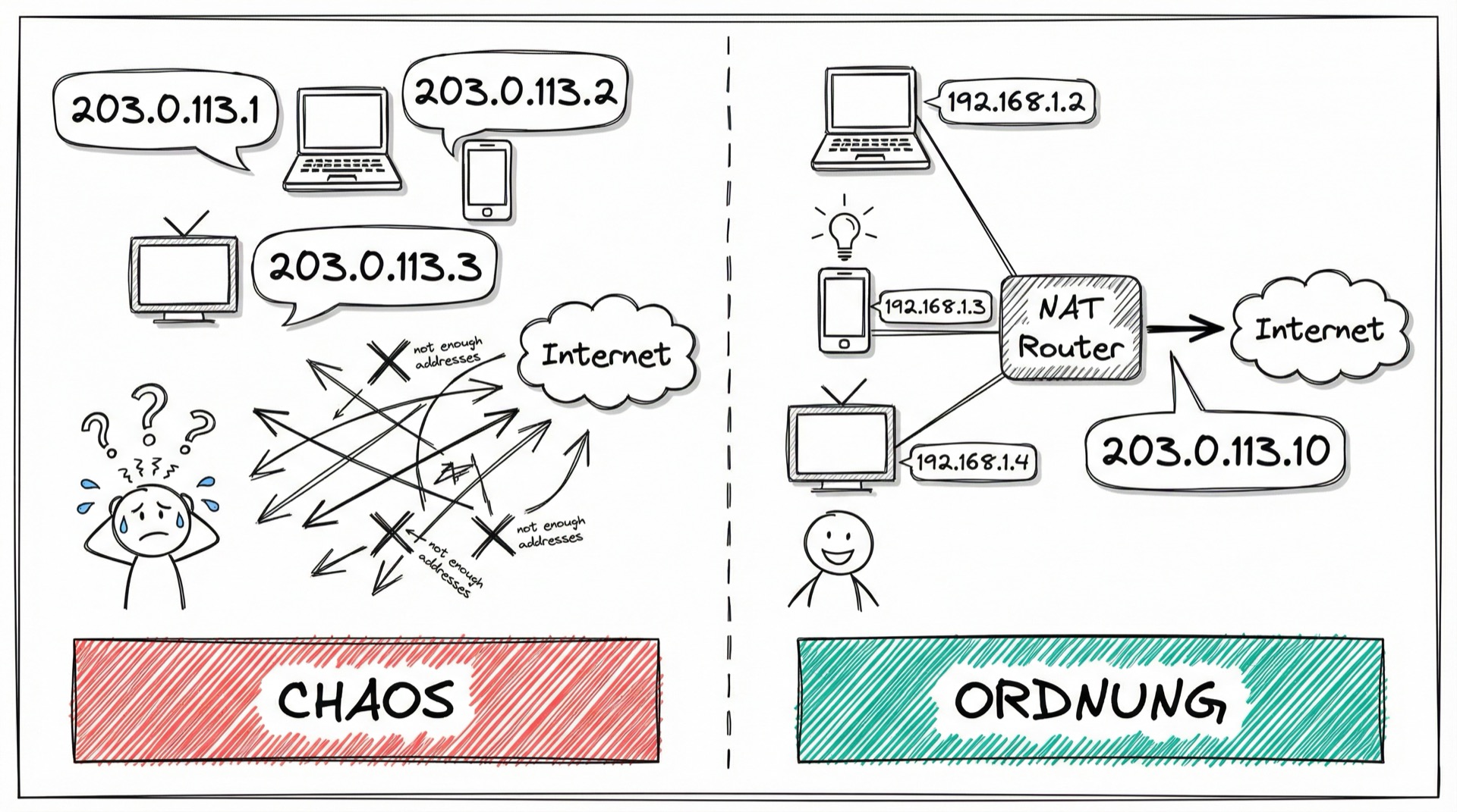 NAT Vorher-Nachher: Chaos ohne NAT vs. Ordnung mit NAT-Router