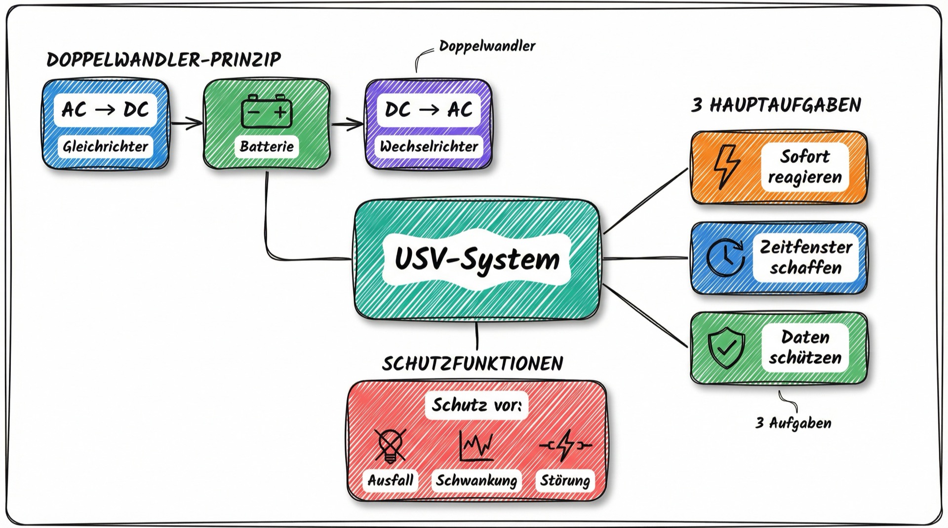 Zusammenfassung: USV-System mit Doppelwandler-Prinzip und Hauptaufgaben