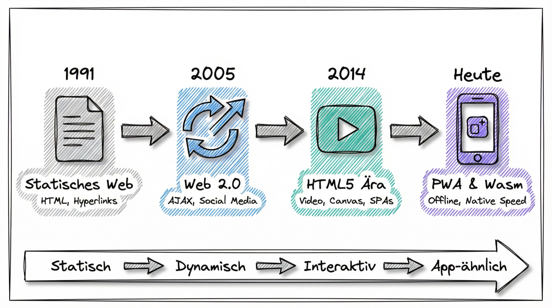 Web-Evolution Timeline: 1991 Statisches Web, 2005 Web 2.0, 2014 HTML5, Heute PWA