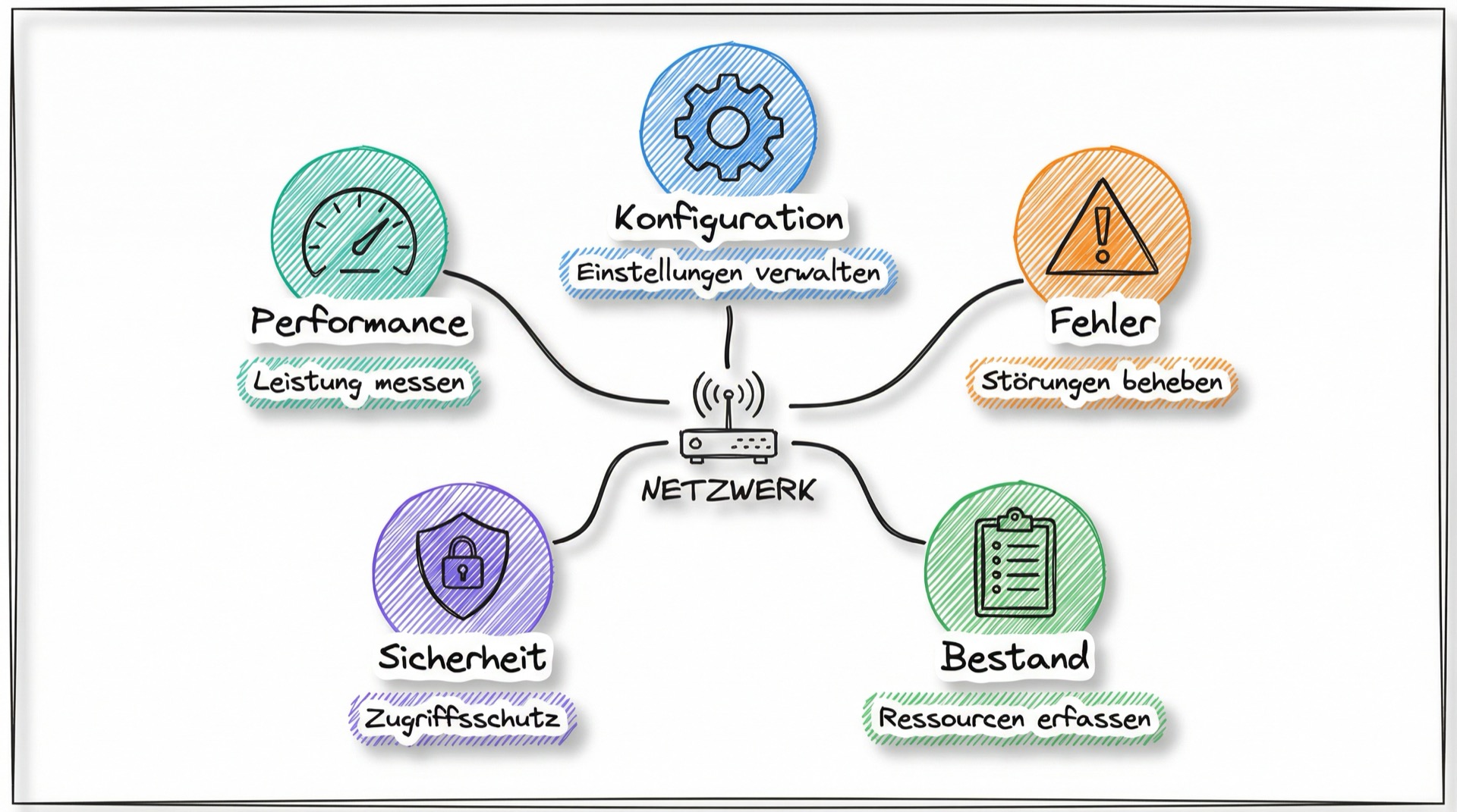 Die fünf Säulen des Netzwerkmanagements: Performance, Fehler, Konfiguration, Sicherheit, Bestand