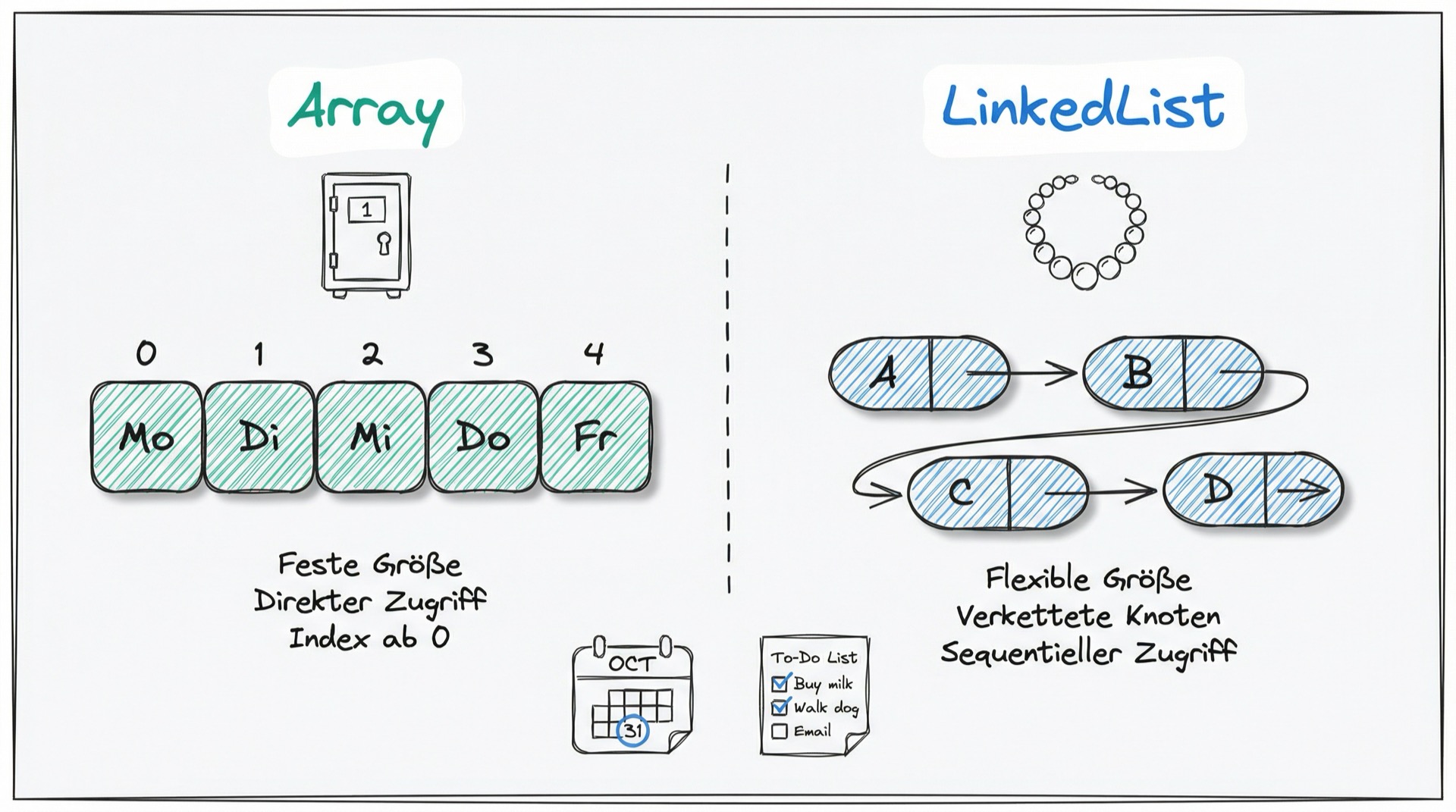 Vergleich Array vs LinkedList: Array mit fester Größe und direktem Zugriff, LinkedList mit flexibler Größe und verketteten Knoten