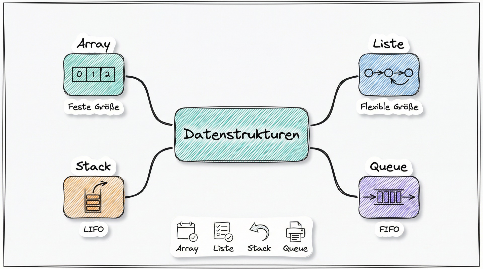 Mind-Map der vier grundlegenden Datenstrukturen: Array, Liste, Stack und Queue