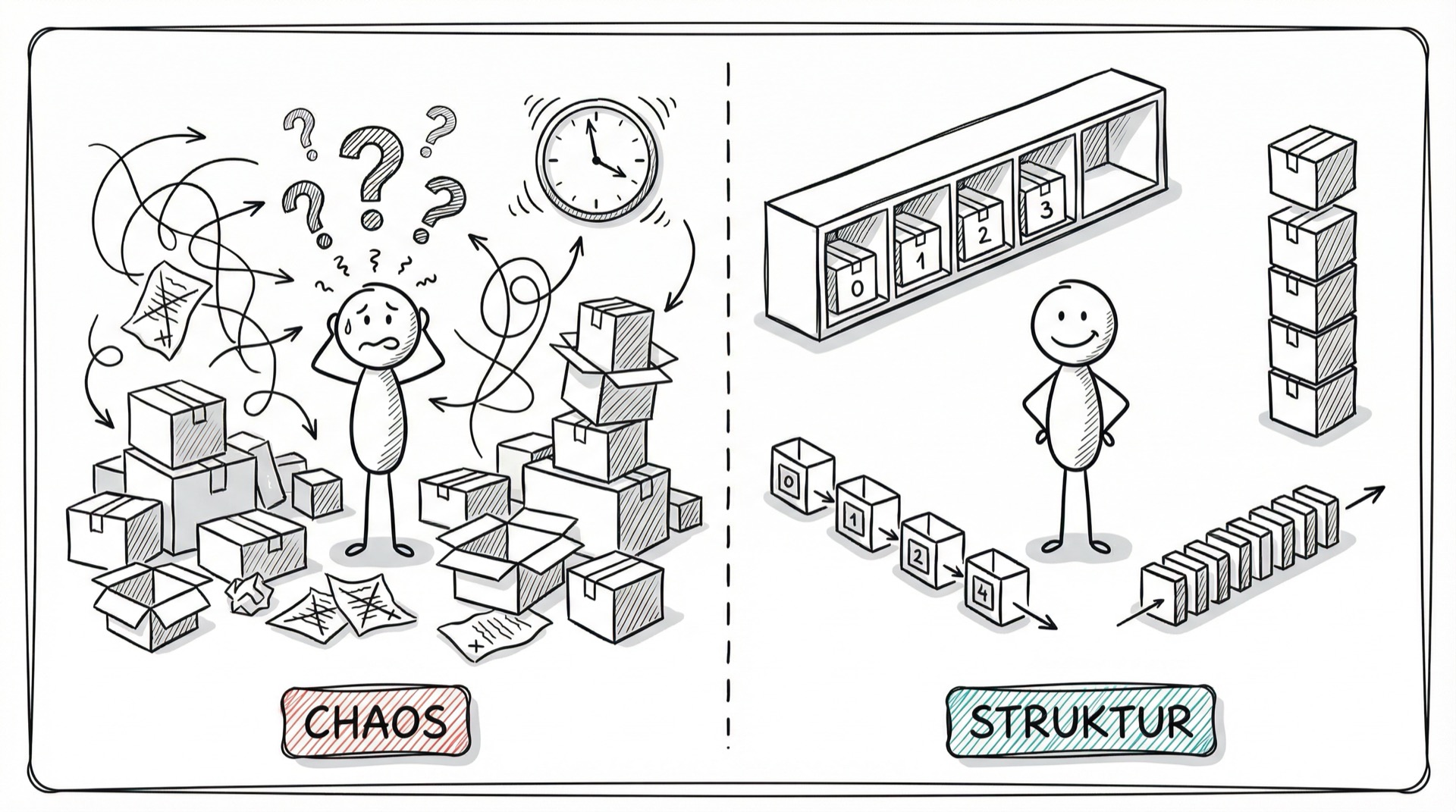 Chaos vs. Struktur: Ohne Datenstrukturen herrscht Chaos, mit Datenstrukturen entsteht Ordnung