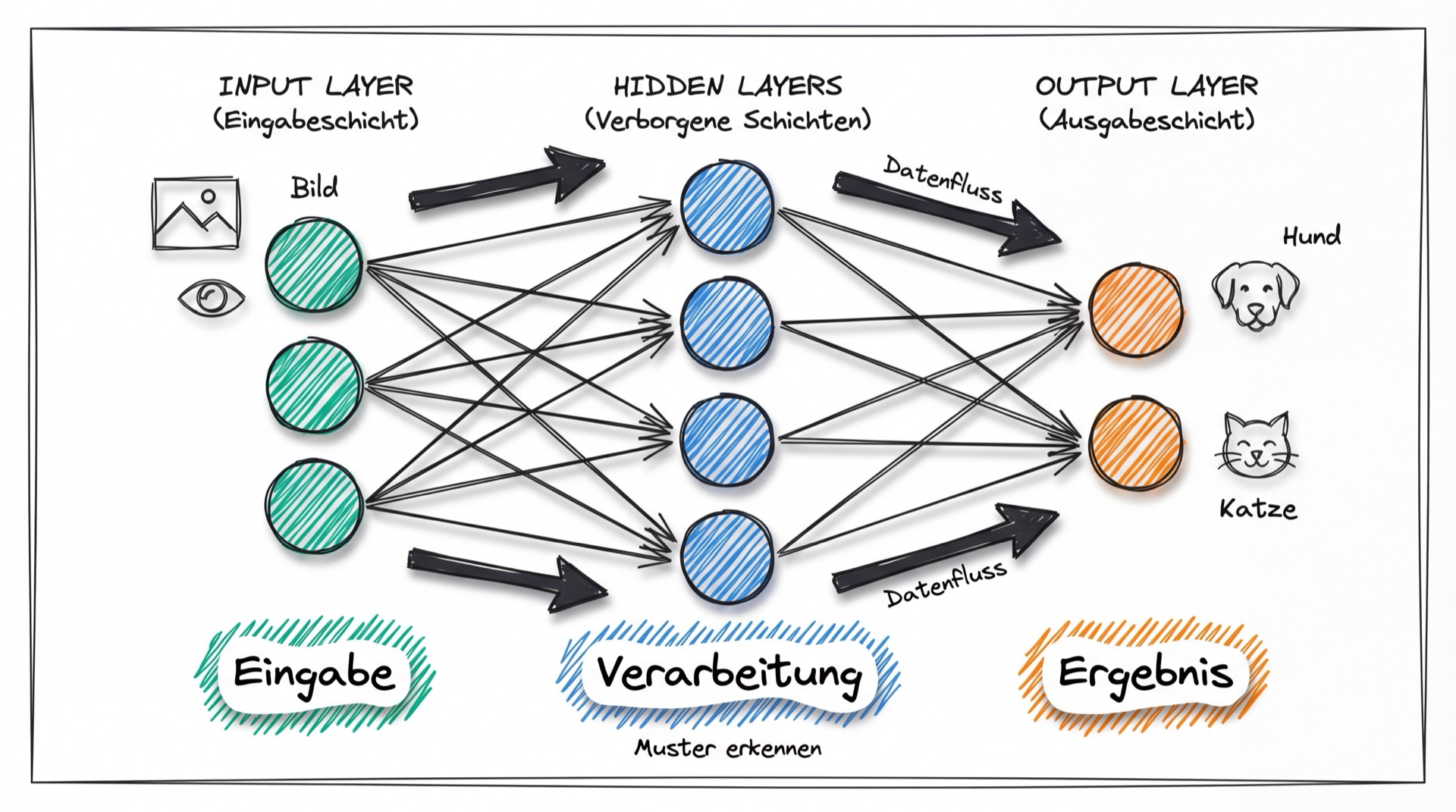 Struktur eines neuronalen Netzwerks mit Input, Hidden und Output Layer