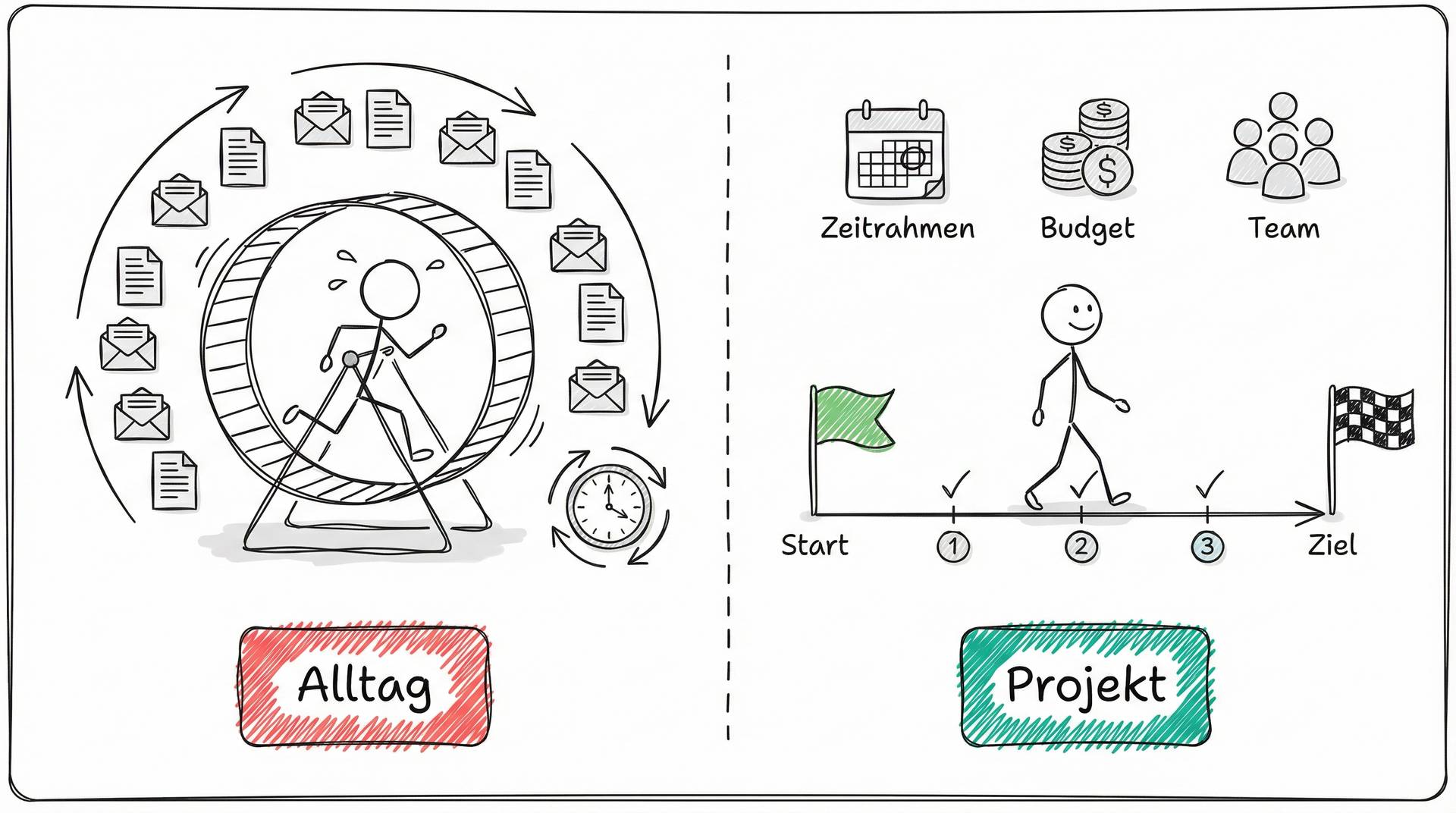 Vergleich Alltag vs. Projekt: Links ein Hamsterrad für endlose Routineaufgaben, rechts ein klarer Weg mit Start und Ziel