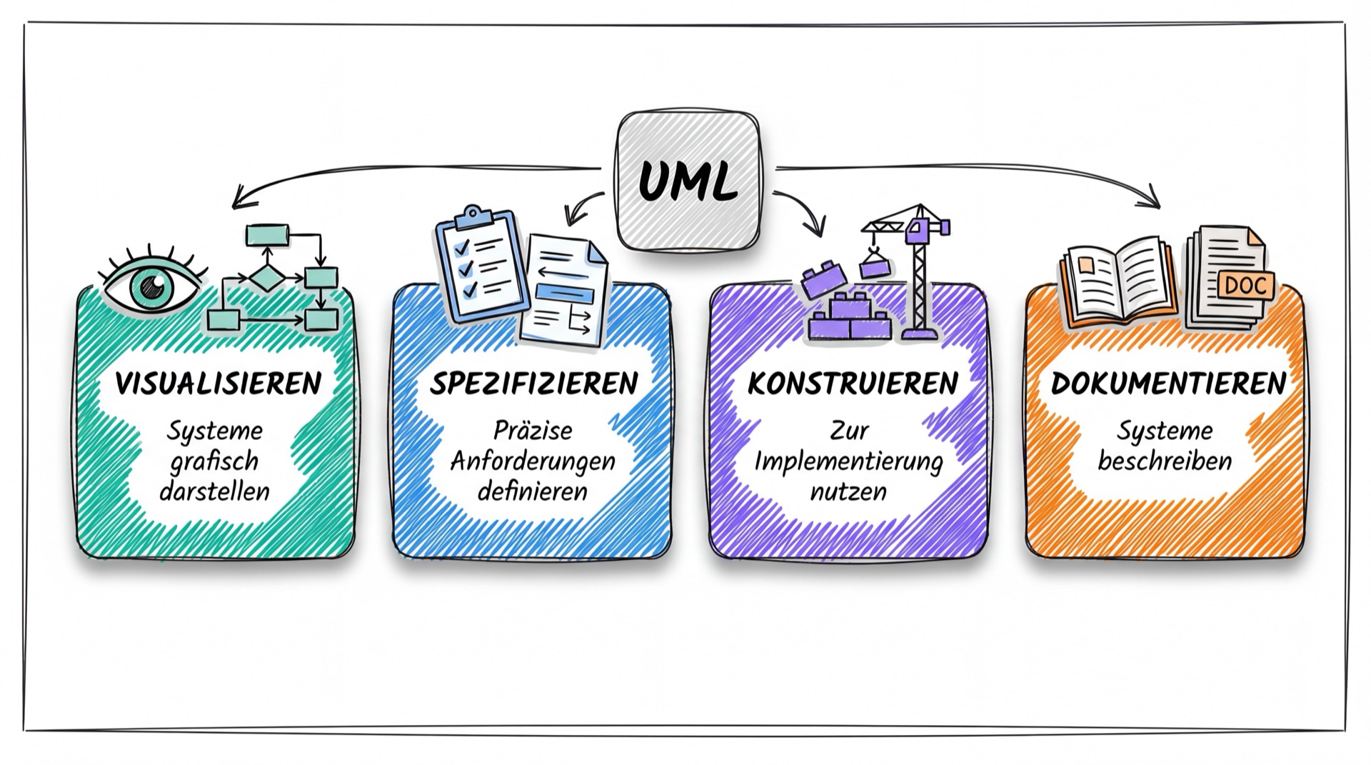Die 4 Eigenschaften von UML: Visualisieren, Spezifizieren, Konstruieren, Dokumentieren